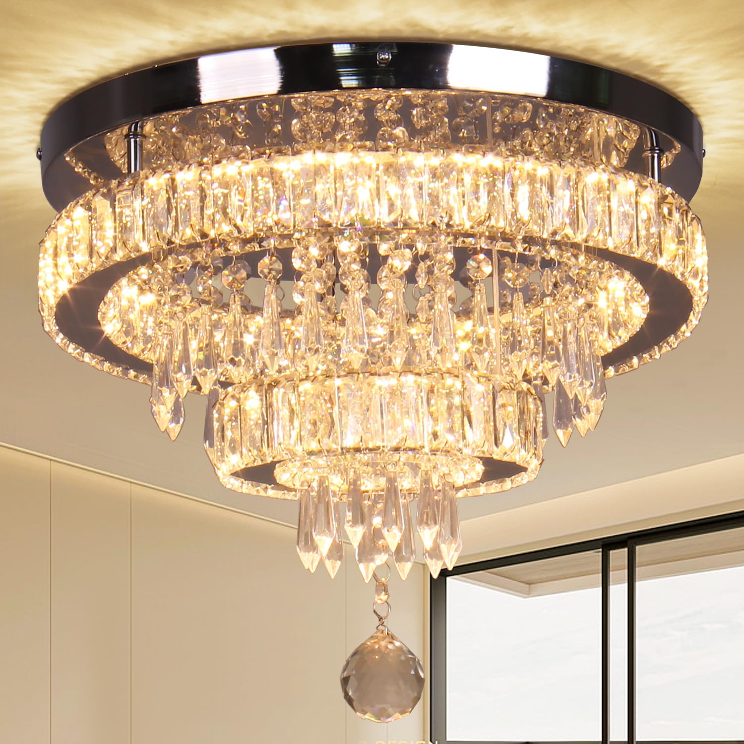 Finktonglan 16'' Crystal Chandelier 2 Rings Crystal Ceiling Light Fixture Modern Chandelier LED Chandeliers Light Fixture for Di