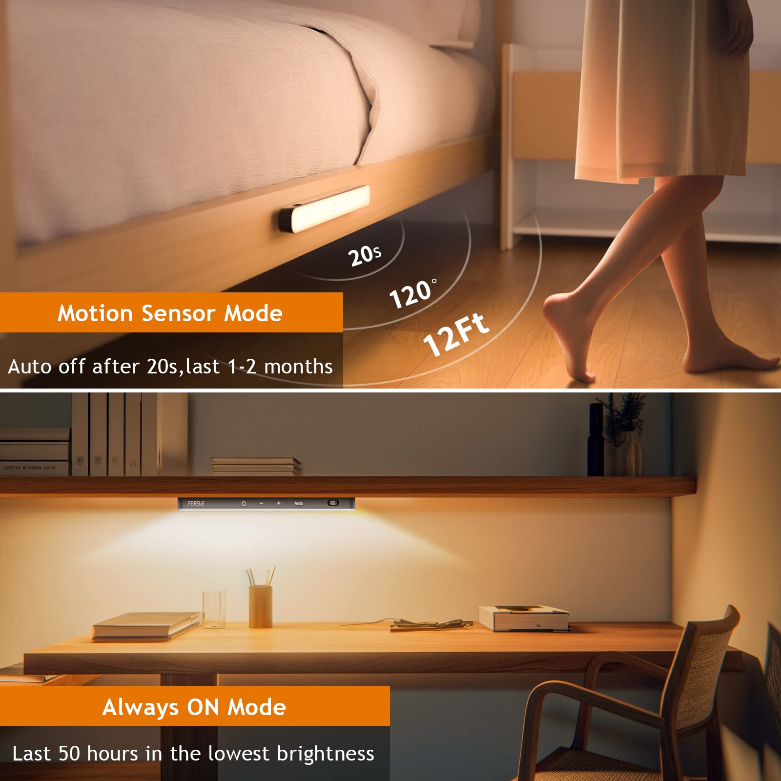 Ferswe 60 Led Motion Sensor Light, Dimmable Indoor Rechargeable Under Cabinet Lights, 2 Pack