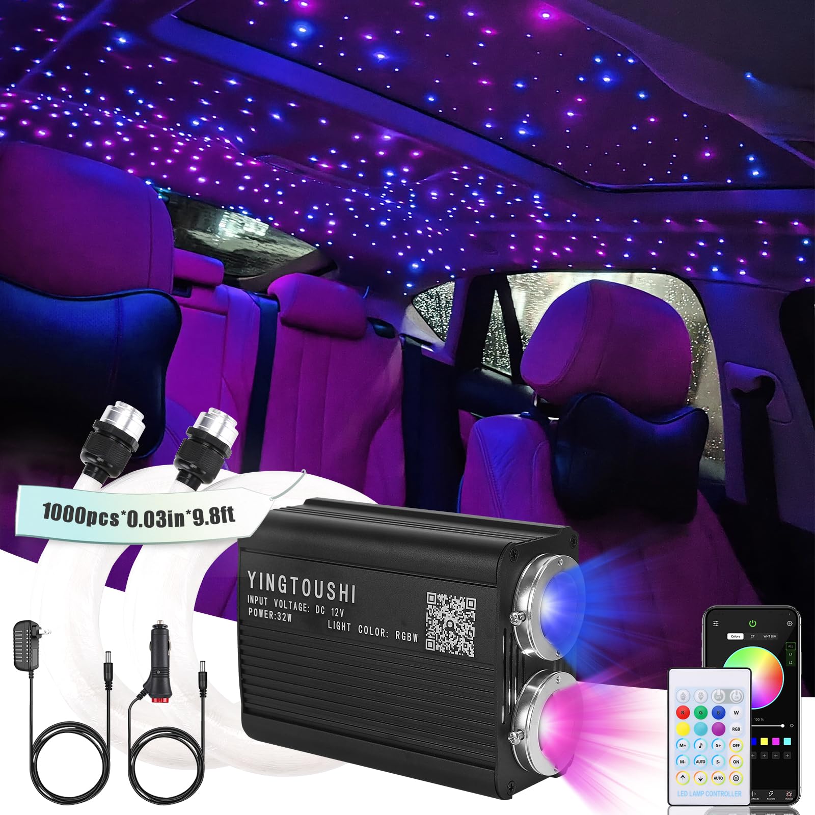 YINGTOUSHI Dual Color Twinkle Starlight Headliner Kit, Music Sync 1000pcs 0.03in 9.8ft Fiber Optic Light APP/Remote Control for