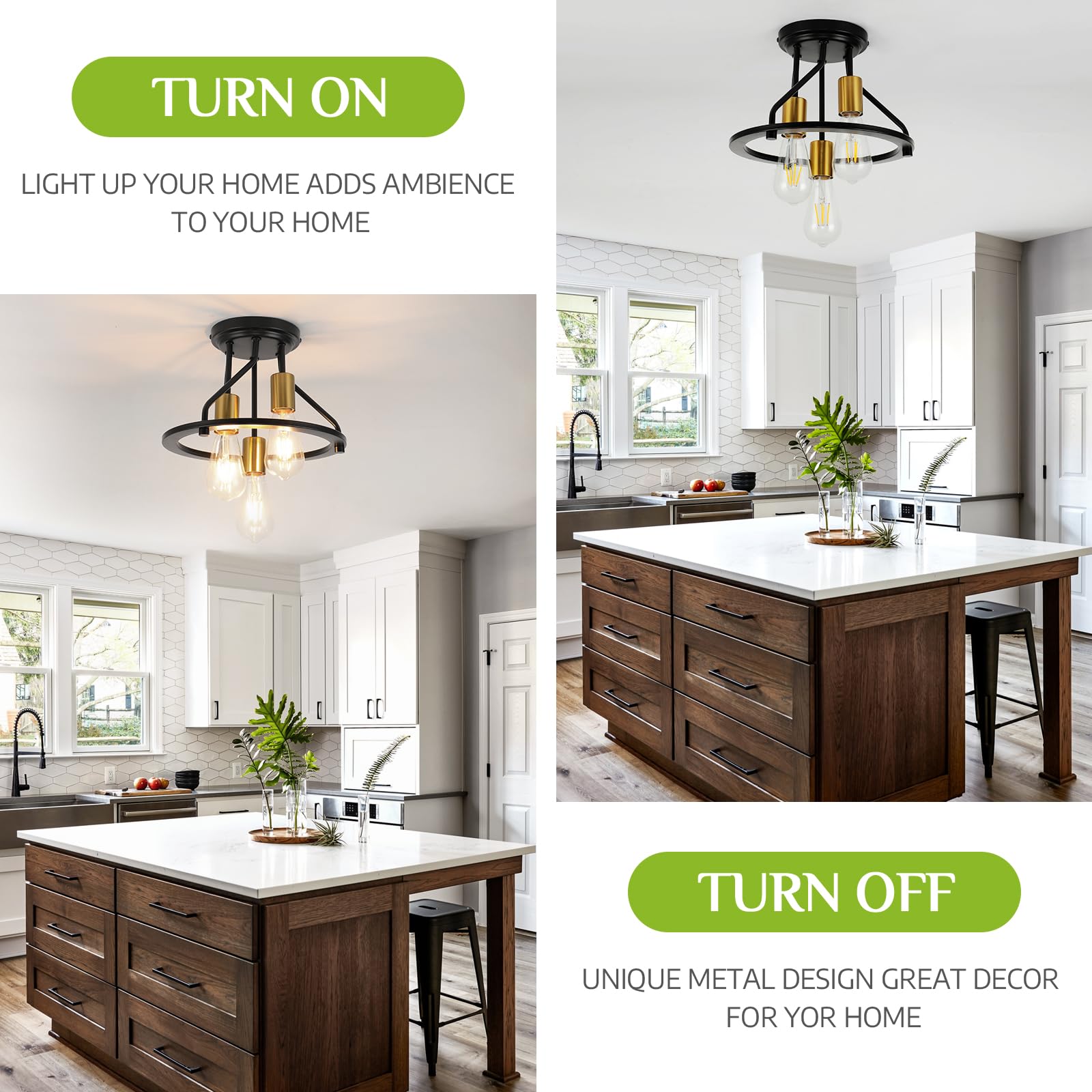 Wilon Semi Flush Mount Ceiling Light 3-Light Ceiling Light Fixtures - Industrial Hallway Light Fixtures Black Gold Farmhouse Kitchen Light E26 Socket Ceiling Lamp For Hallway Kitchen Foyer