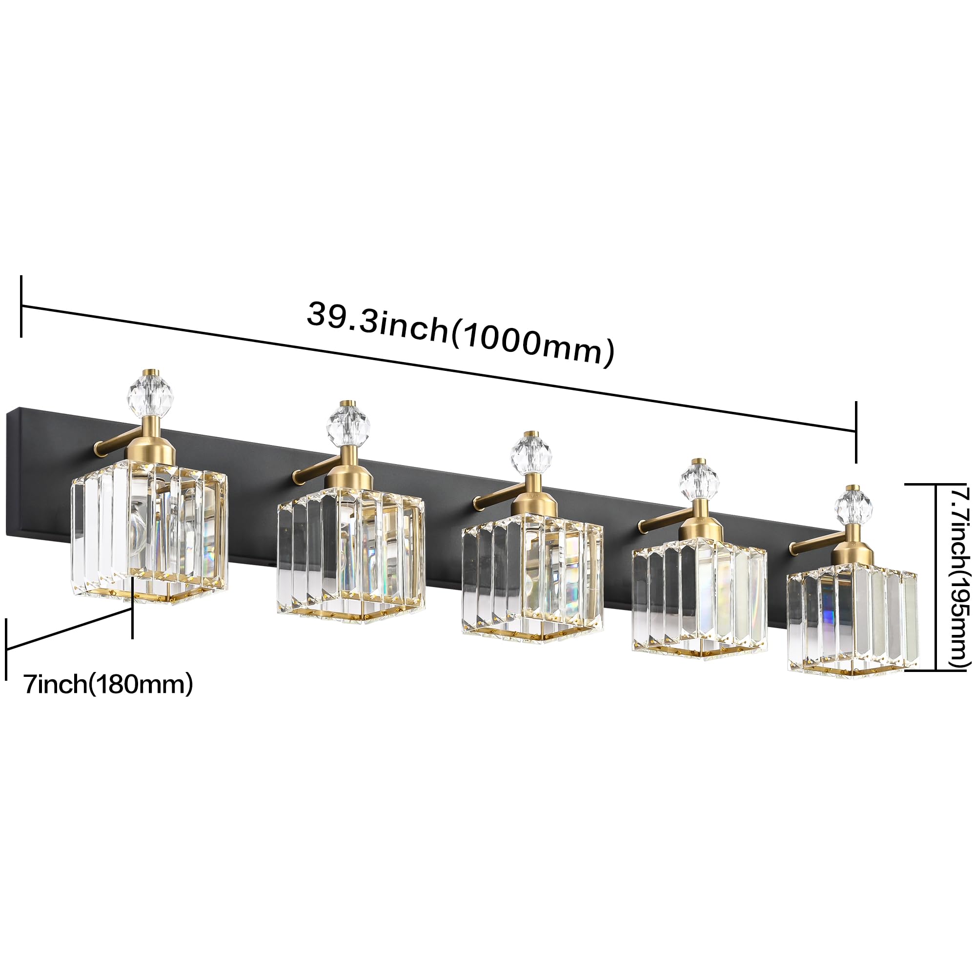 PRESDE 5-Light Bathroom Vanity Lights, Modern Black & Gold K9 Crystal Fixtures, Model 837d797d-fafd-42ea-8b46-263e45135383