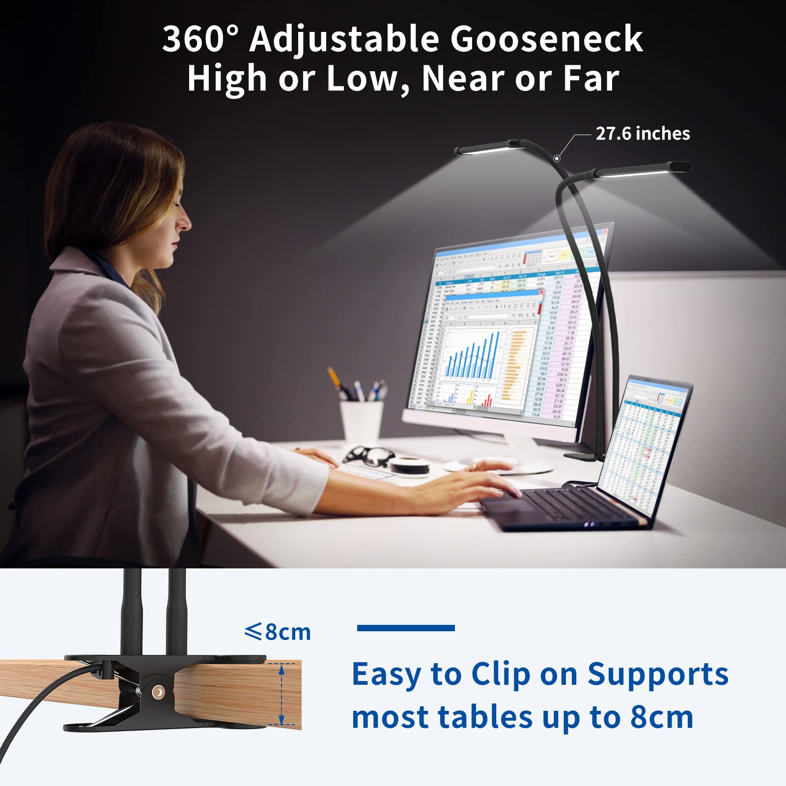 Mojimdo 144 Led Desk Lamp With Clamp, [3 Color & 10 Brightness] Dimmable Reading Lamp With 27.6'' Flexible Gooseneck, Eye-Caring Clip On Light For Reading Study Workbench Drafting - Adapter Included