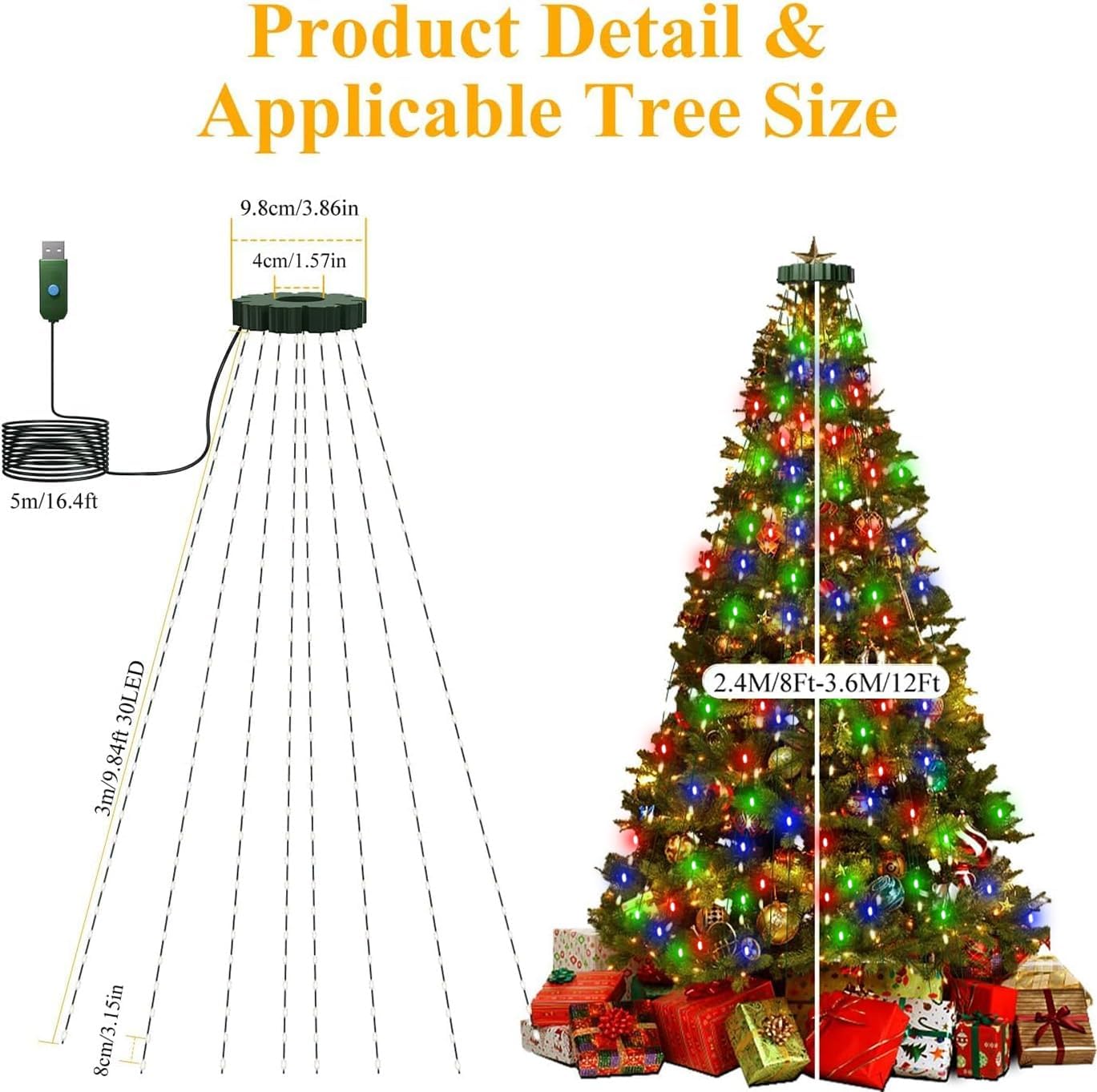 Btfarm Christmas Tree Lights With Remote  9.84Ft 480 Led Usb Plug In Fairy Xmas Light For 8-12Ft  Timer Waterproof Dimmable Cascading Twinkle String Lights 8 Modes For Indoor Outdoor Decor  Multicolor