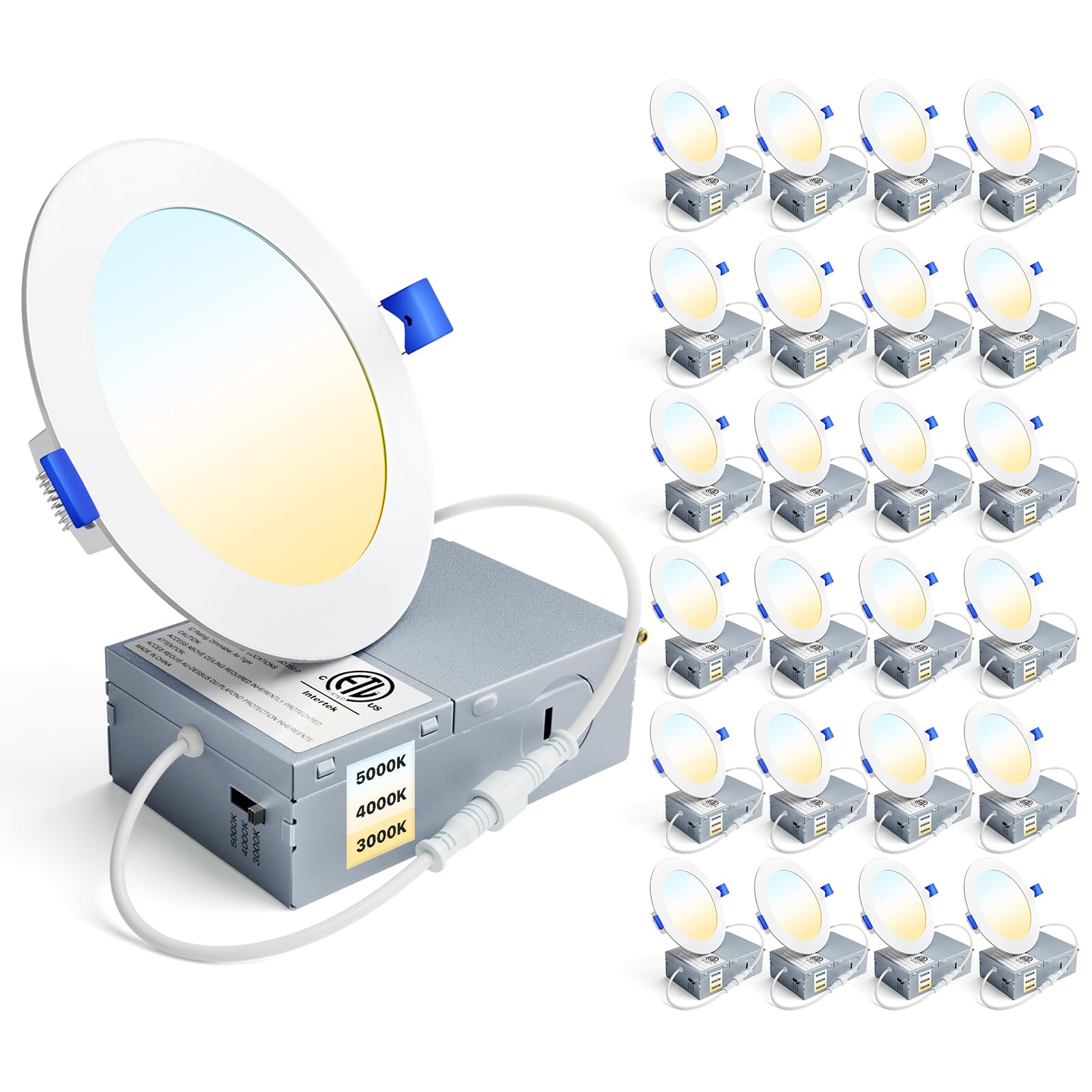 Ensenior 24 Pack 4 Inch LED Recessed Ceiling Light, Dimmable, 3000K-5000K 3CCT, 750LM 9W 120V, High Brightness Canless Wafer Dow