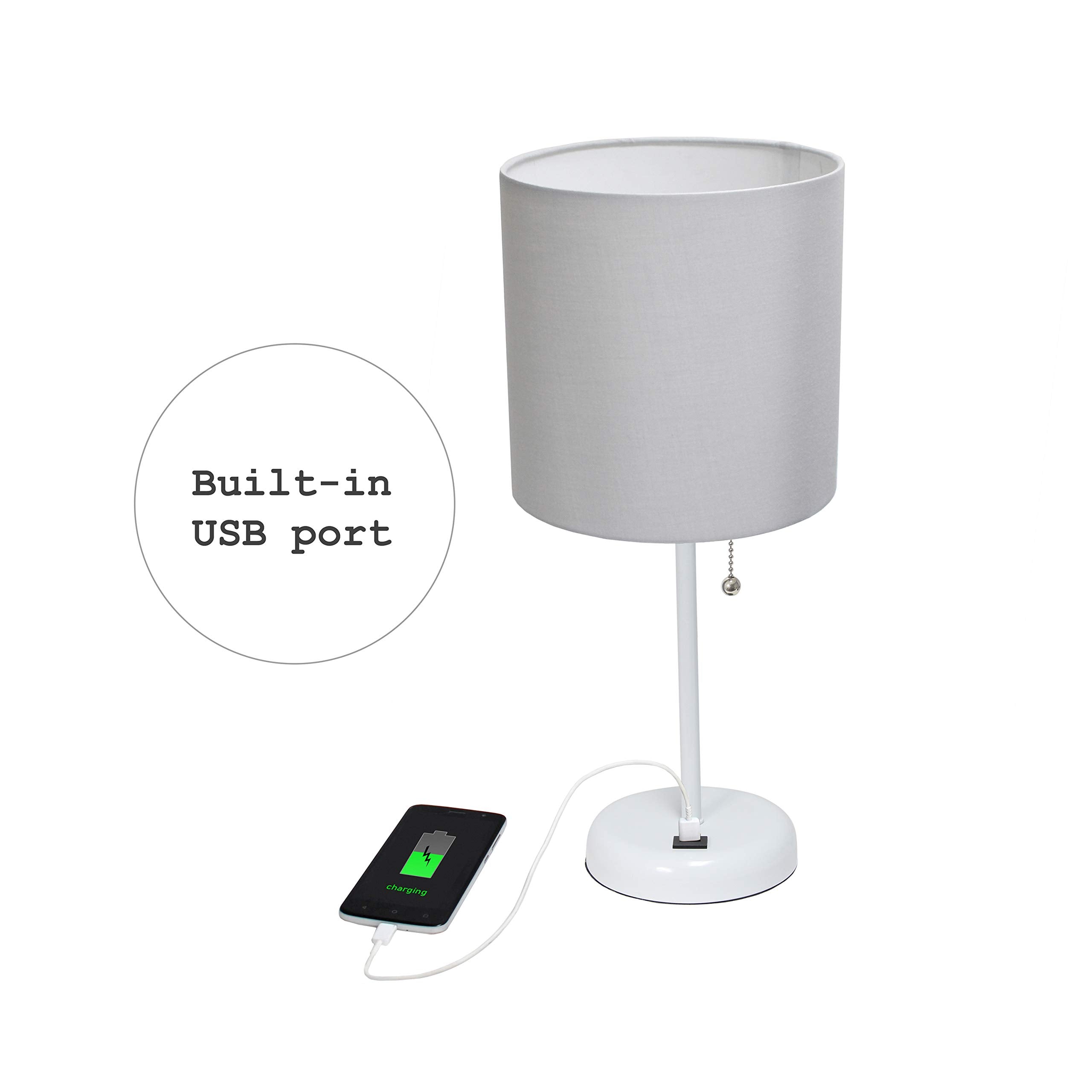 Simple Designs Lt2044-Gow White Stick Table Desk Lamp With Usb Charging Port And Drum Fabric Shade, Gray Shade