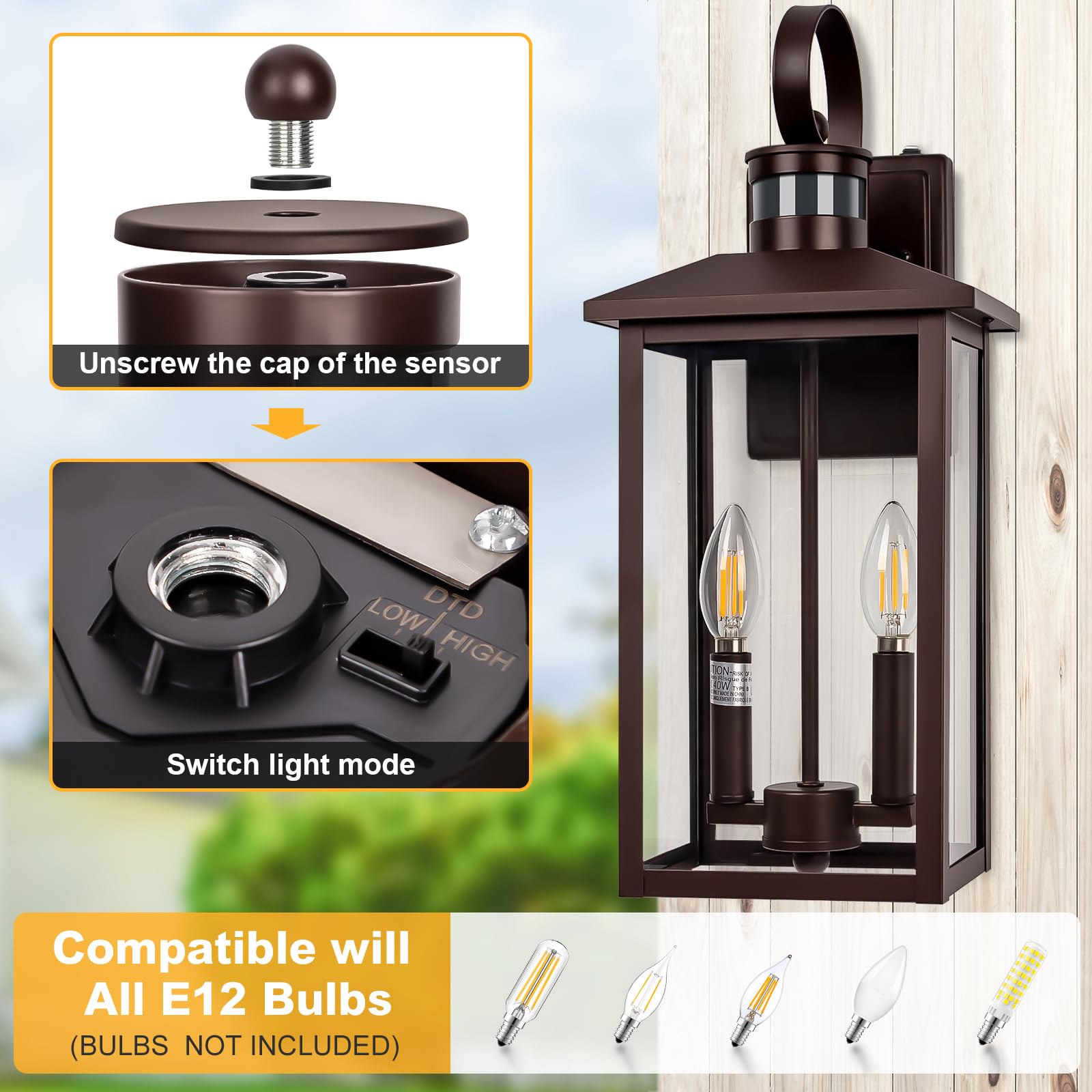 Large Exterior Light Motion Sensor, 18" Bronze Dusk To Dawn Outdoor Light, 2-Light Brown Outdoor Light Fixture, Aluminum Outdoor Dusk To Dawn Light With E12 Socket For Porch, House, Door, Garage