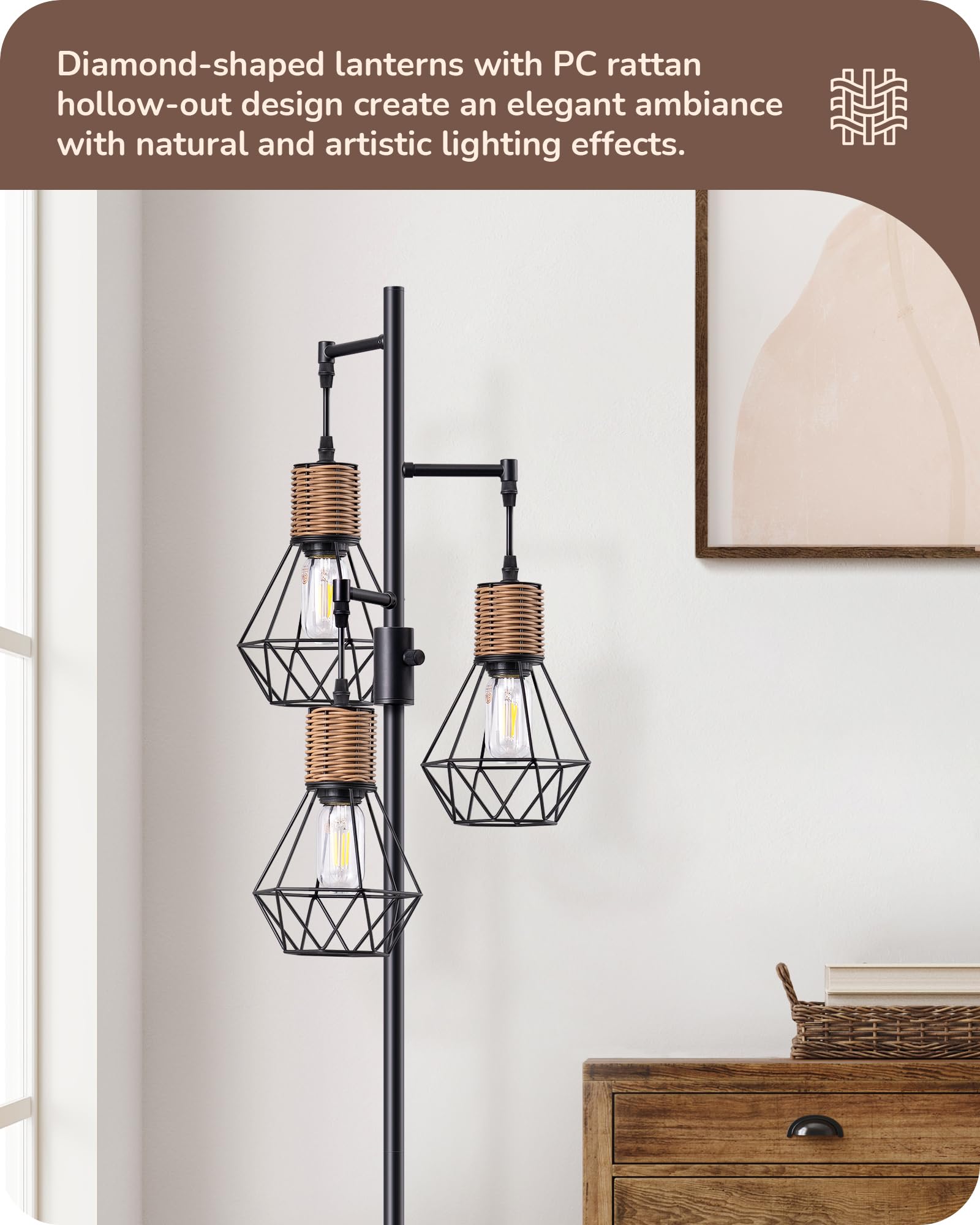 Edishine Dimmable Industrial Floor Lamp, Farmhouse Standing Lamp For Living Room, Diamond-Shaped Cage, Corner Rustic Rattan Read