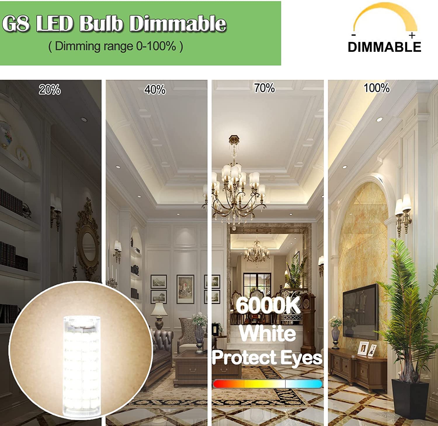Zssxoled G8 Led Bulb Dimmable 7W Equivalent 75W-80W G8 Halogen Bulb  Gy8.6/G8 Bi-Pin Base Light Bulb 120V For Under Cabinet Light  Under Counter Kitchen Lighting White 6000K 5 Pack