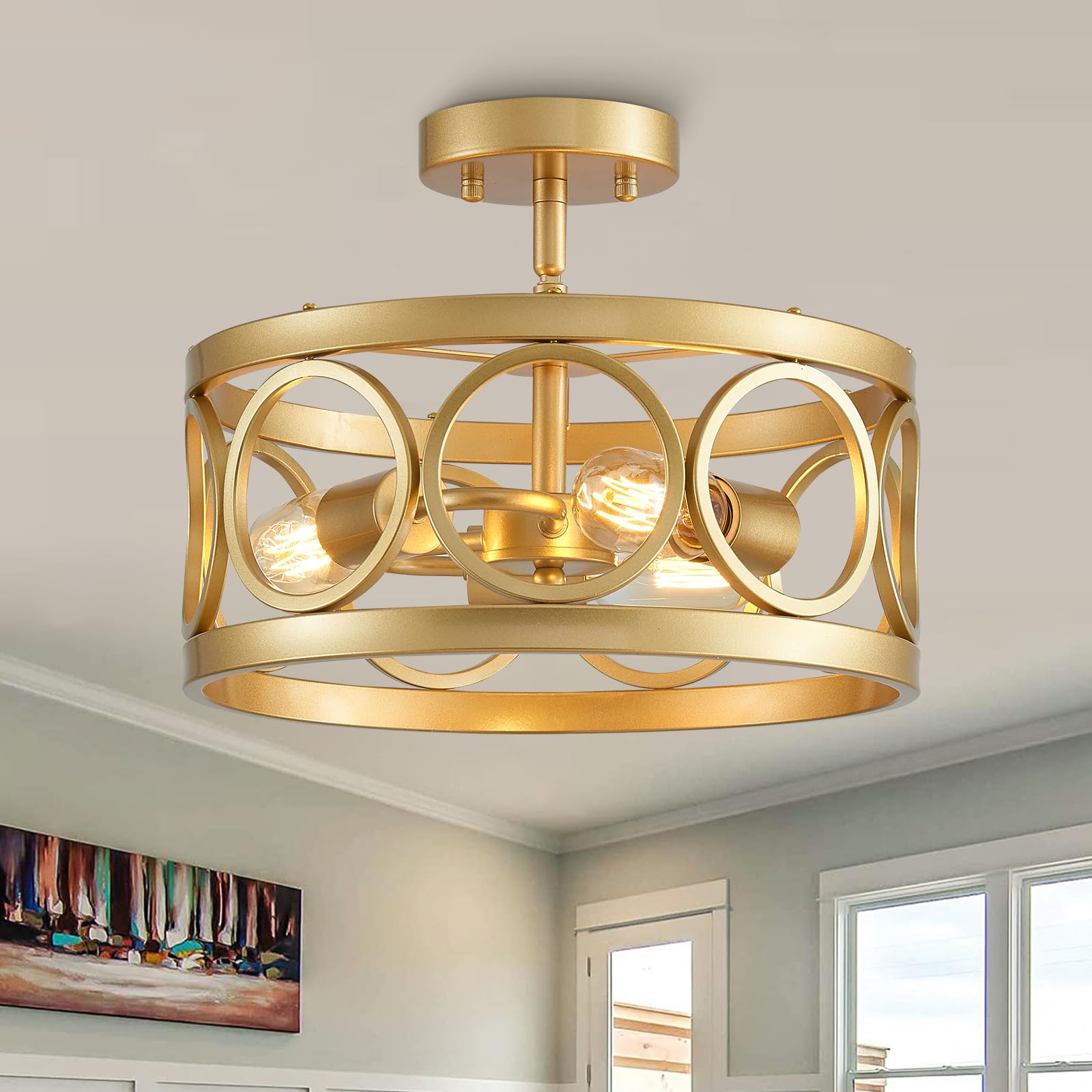 peskoe Gold Ceiling Light 3-Light Drum Pendant Fixture 13inL x 13inW x 6.1inH Farmhouse Chandelier