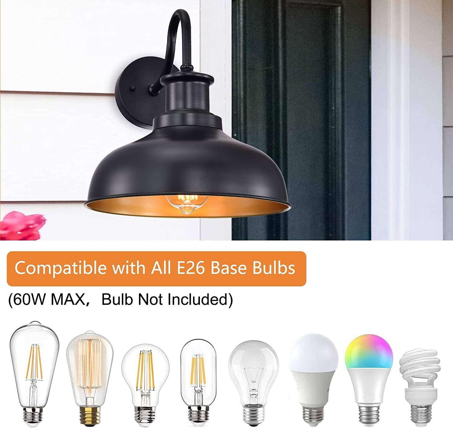 Diyel Gooseneck Barn Light - Black Iron Outdoor Wall Sconce, Vintage Style, 4 Pack, Farmhouse Exterior Lighting for Porch and Garage