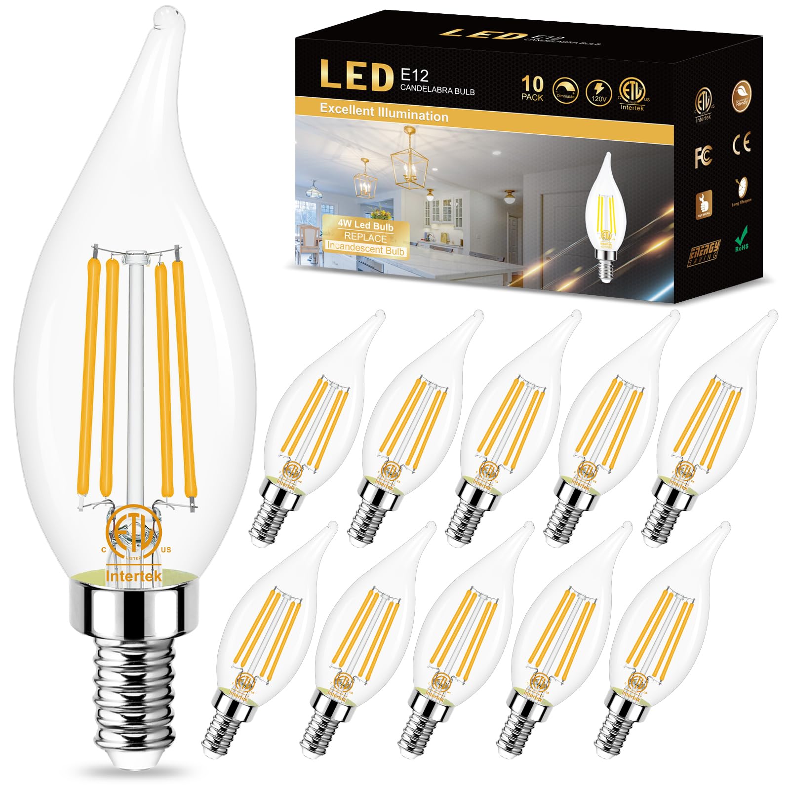 Sailstar E12 Candelabra Led Bulb 60W Equivalent, Dimmable 3000K Warm White, Flame Tip, 4W, 500Lm, 120V, Cri 85, For Chandelier, 