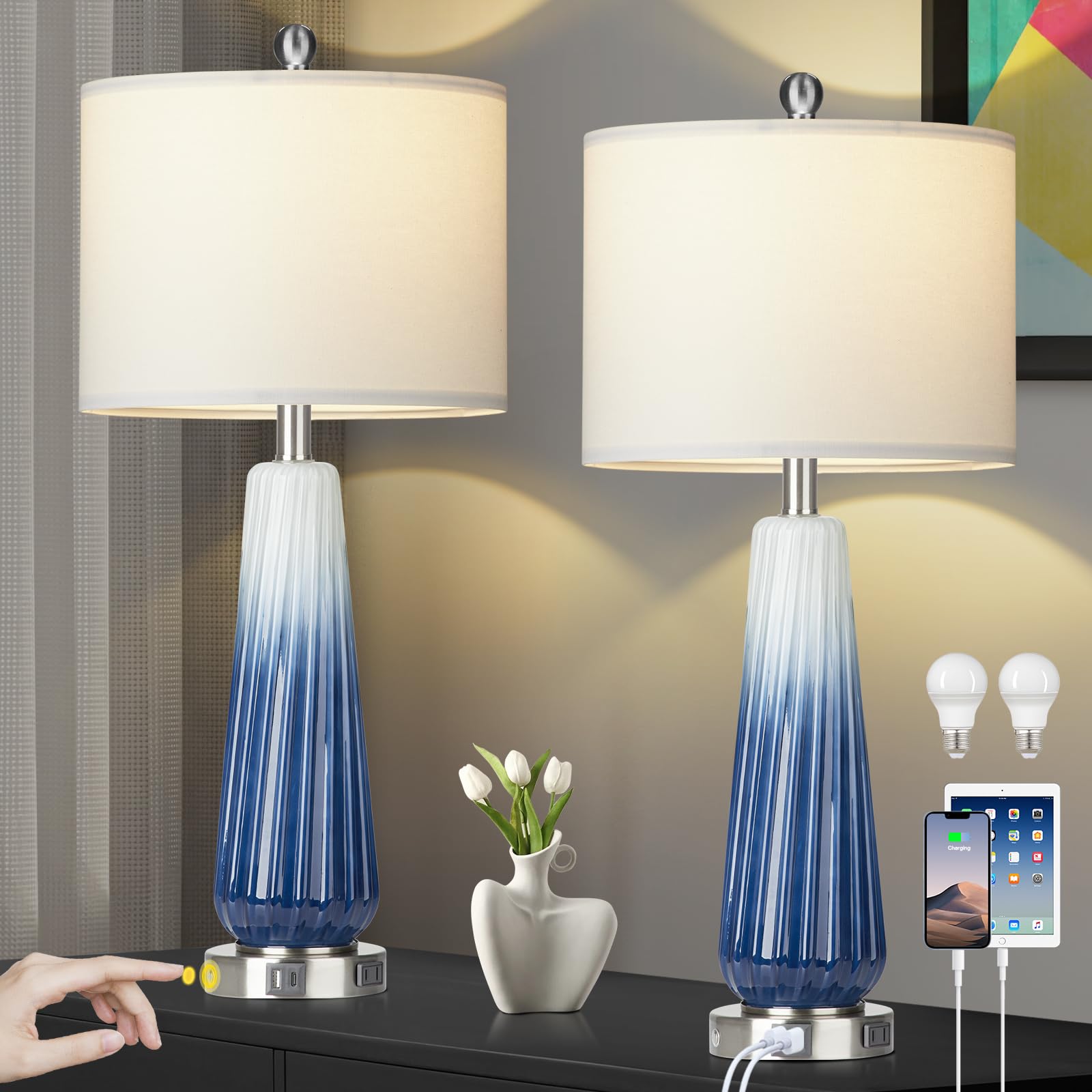 28" Glass Table Lamp Set of 2, Modern Table Lamps with USB A+C Ports & AC Outlet, Touch Control Bedside Nightstand Lamp with LED Night Light & White Fabric Shade for Living Room Blue(4 Bulbs Included)