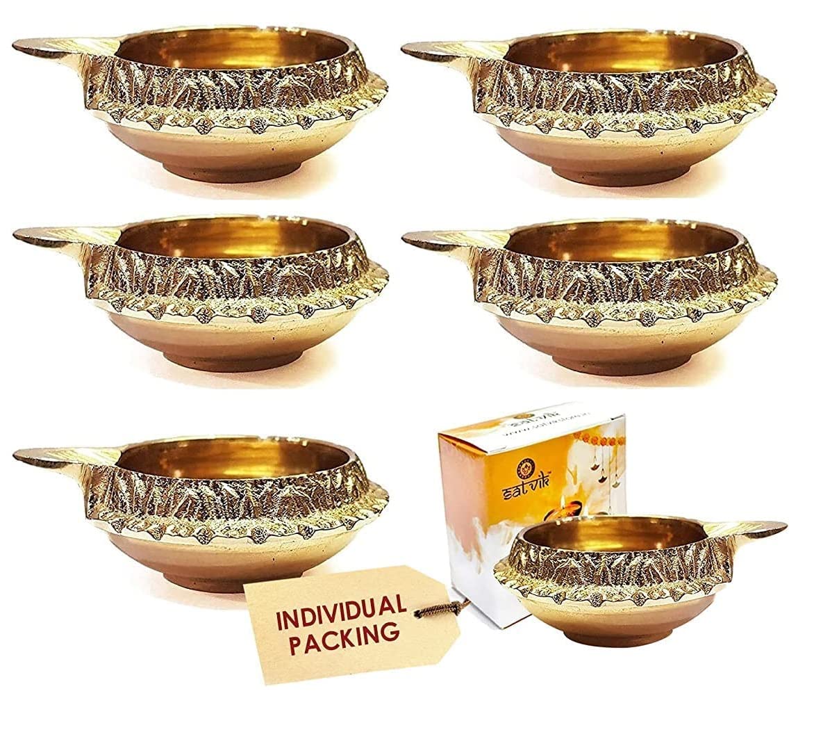 SATVIK 6pc Kuber Diya for Diwali Decoration. Handmade Oil Lamp Golden Engraved Made of Virgin Brass Metal Vilakku for Puja Pooja
