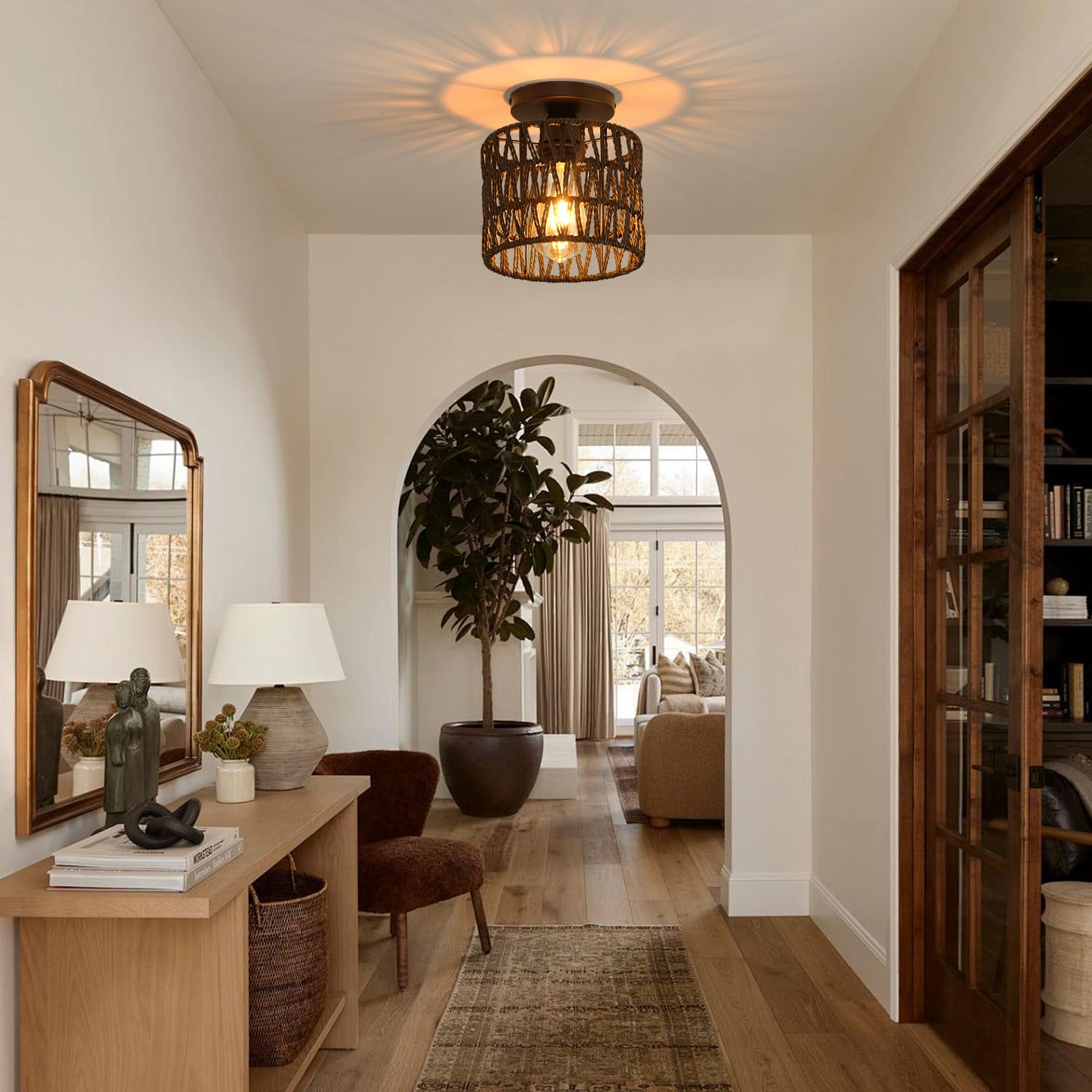 KENMI Ceiling Light Fixture, Hand-Woven Rattan Flush Mount, Metal, 1 Pack Black, Model C1, Boho Design for Hallway, Bedroom, Kitchen