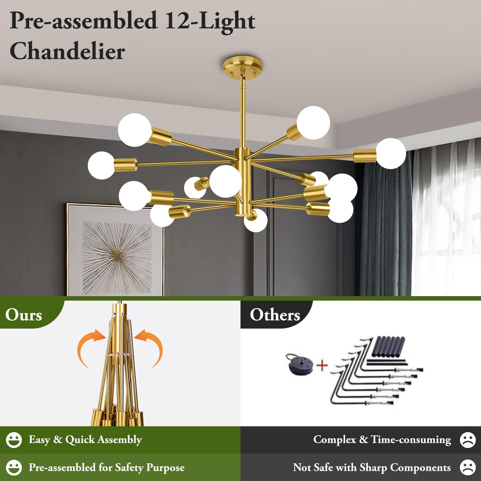 Beslowe 12-Light Modern Sputnik Chandelier, Mid Century Gold Chandeliers Lighting, Farmhouse Ceiling Hanging Light Fixture For D