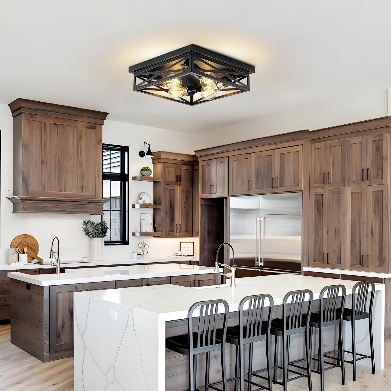 Dikaida 4-Light Flush Mount Ceiling Light Fixture, Kitchen Lights, Black Farmhouse Flush Mount Light Fixture, Metal Cage Closed