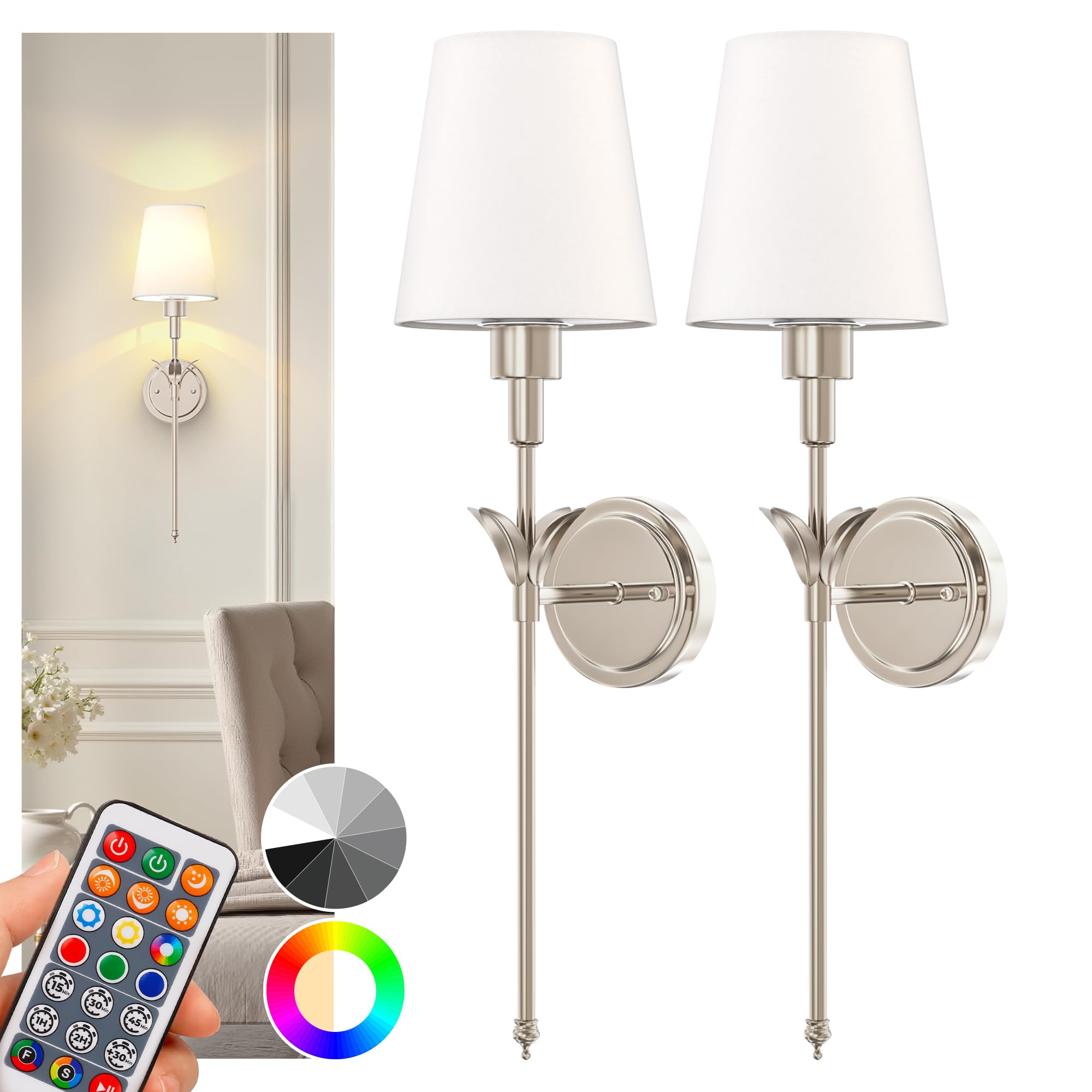 DORESshop Battery Operated Wall Sconce Set of 2, Metal, 24.6in, Silver, Wireless, Rechargeable, Easy to Install