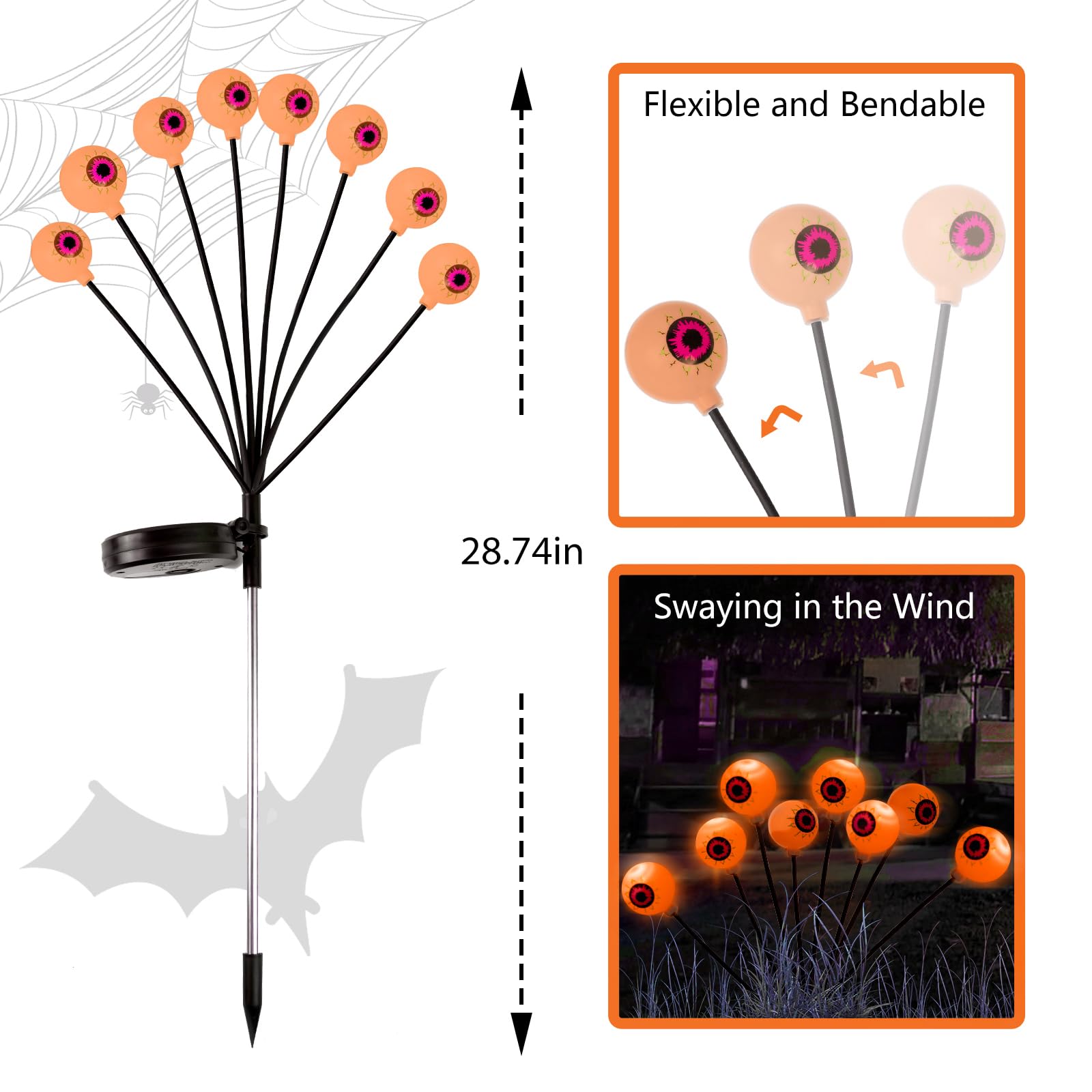 LCHUANG Halloween Outdoor Path Lights - 32LEDs Solar Stake Lights, Waterproof, Orange, Model YQD-048, 4 Packs