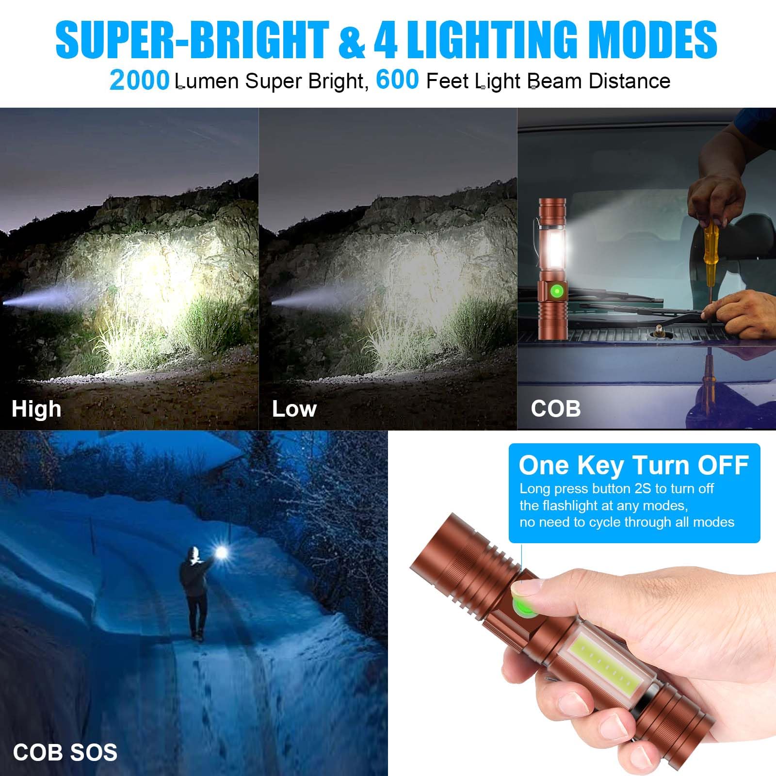 Hoxida USB Rechargeable LED Flashlight, 2000LM, Waterproof, Zoomable, Magnetic, Brown, Model 006-Blue