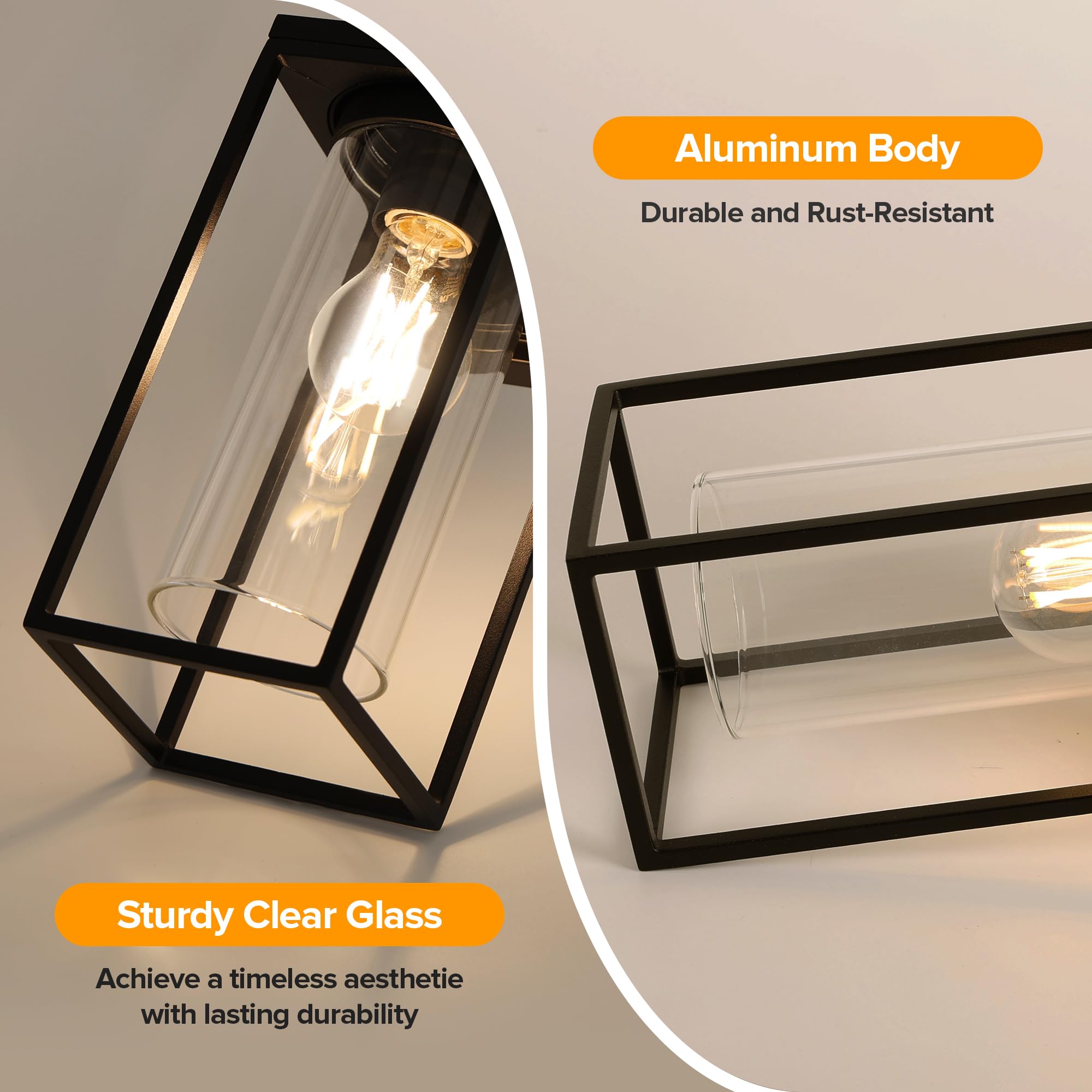 LUTEC Outdoor Wall Light Fixtures - 2 Pack Waterproof Lanterns, Modern Matte Black, Aluminum Frame, Clear Glass Shade, Model 0b1f035f