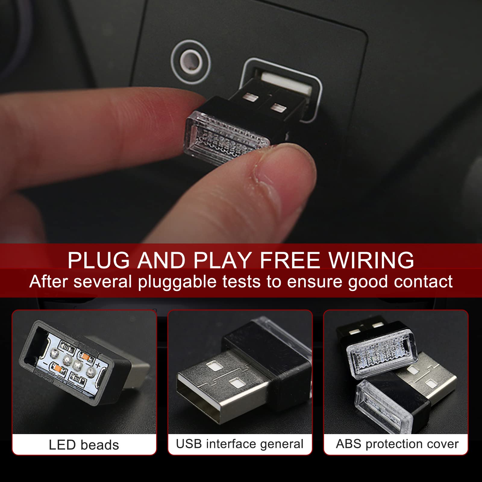 Miytsya 4 Pcs Usb-Led Car Interior Atmosphere Lamp, Night Led Decoration Mini Usb Light, Ambient Lighting Kit, Charging For Interior Led Lights (Red)