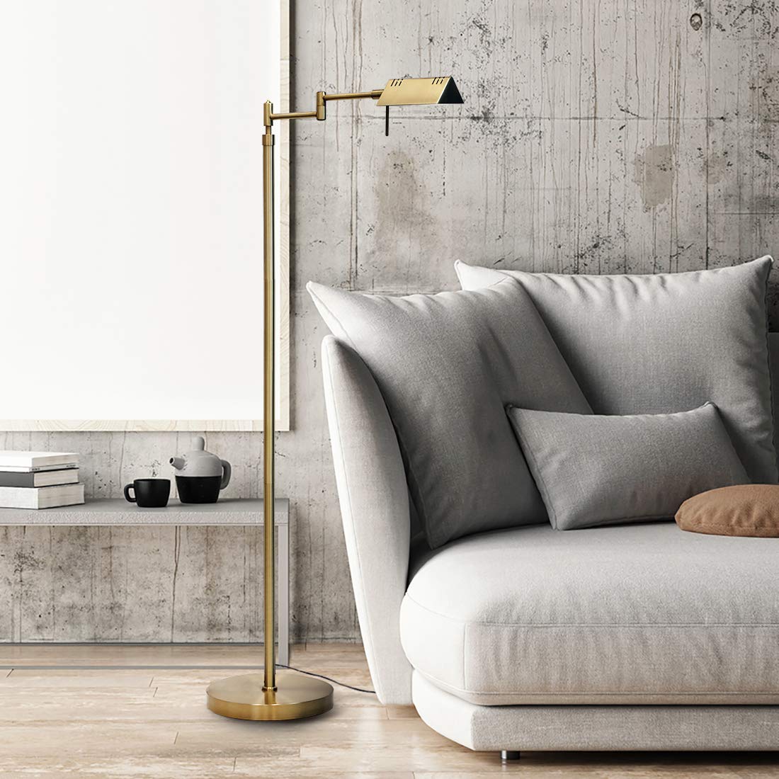 O'Bright Dimmable LED Pharmacy Floor Lamp, 12W, Antique Brass, Adjustable Height, Model OB-FL05D, Perfect for Reading and Crafts