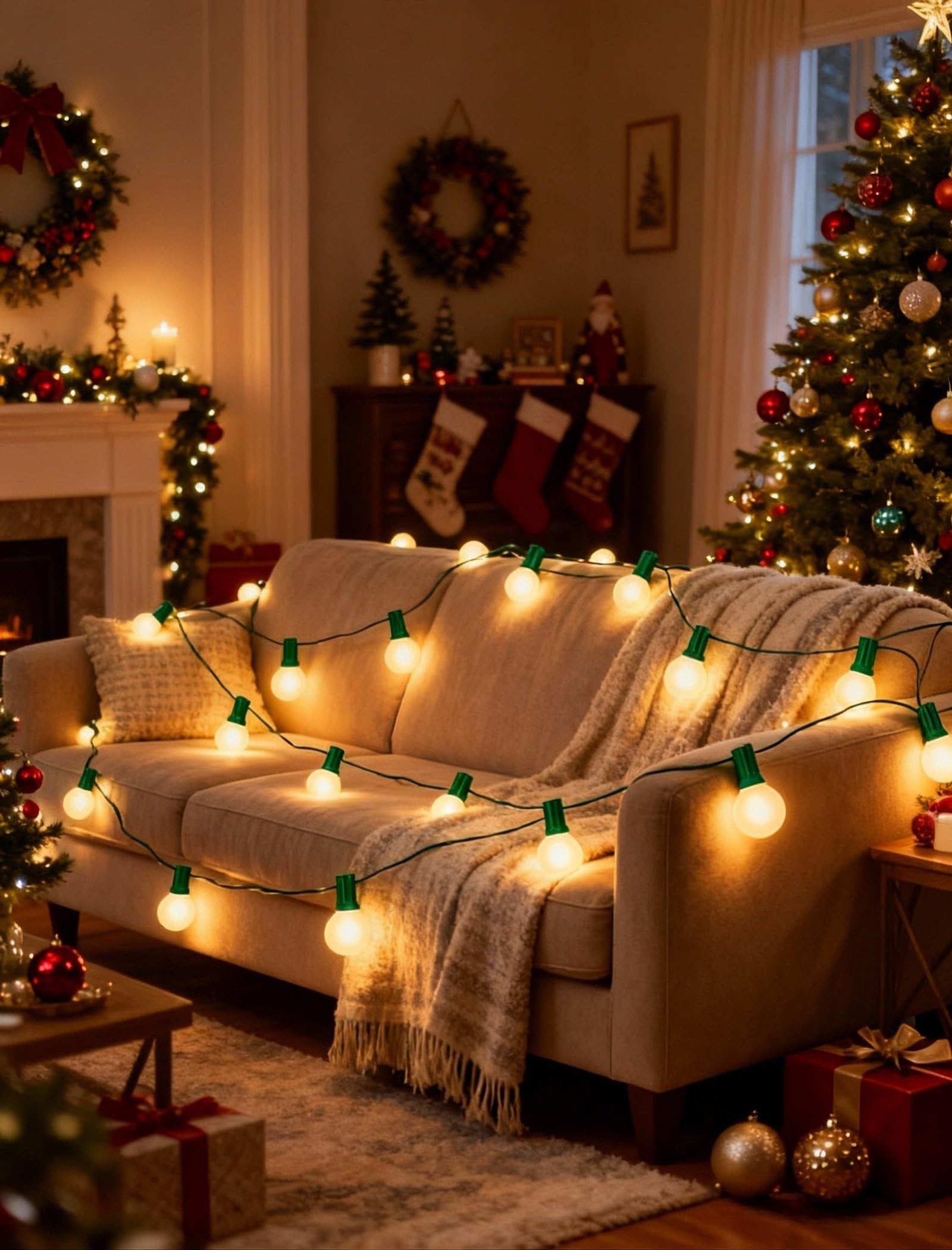 G40 Christmas Lights 25Ft Frosted Christmas Lights With 27 Edison Incandescent Round Bulbs Connectable Globe Light For Indoor/Outdoor Tree Holiday Party Garden Decor Green Wire