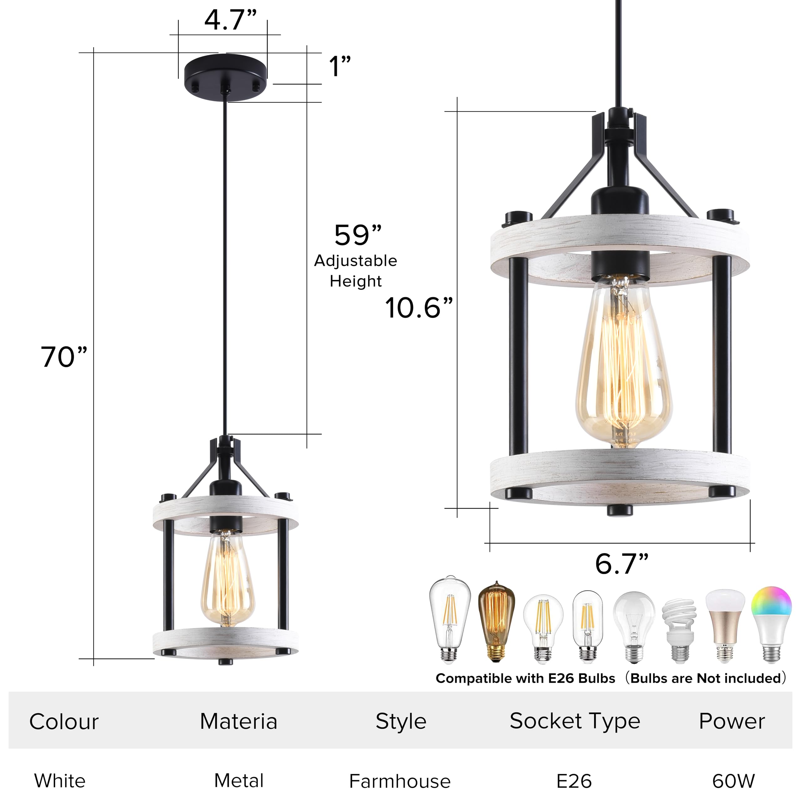 Mo&Ok Set Of 3 Kitchen Island Lighting,Rustic White Pendant Lights,Wooden Metal Chandelier Fixtures,59 Inch Adjustable Pipes,For