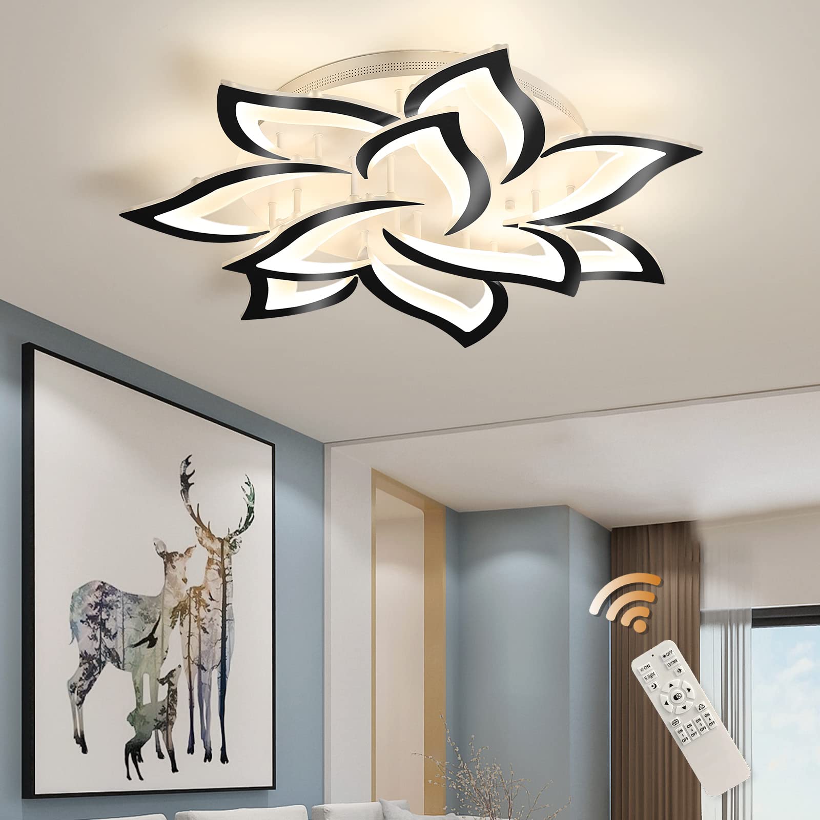 Garwarm Modern LED Ceiling Lights Dimmable Flush Mount Ceiling Lamp Fixture  Black Petals Flower Shape Ceiling Light Chandelier Lighting for Bedroom Living Dining Room (72W  Black)