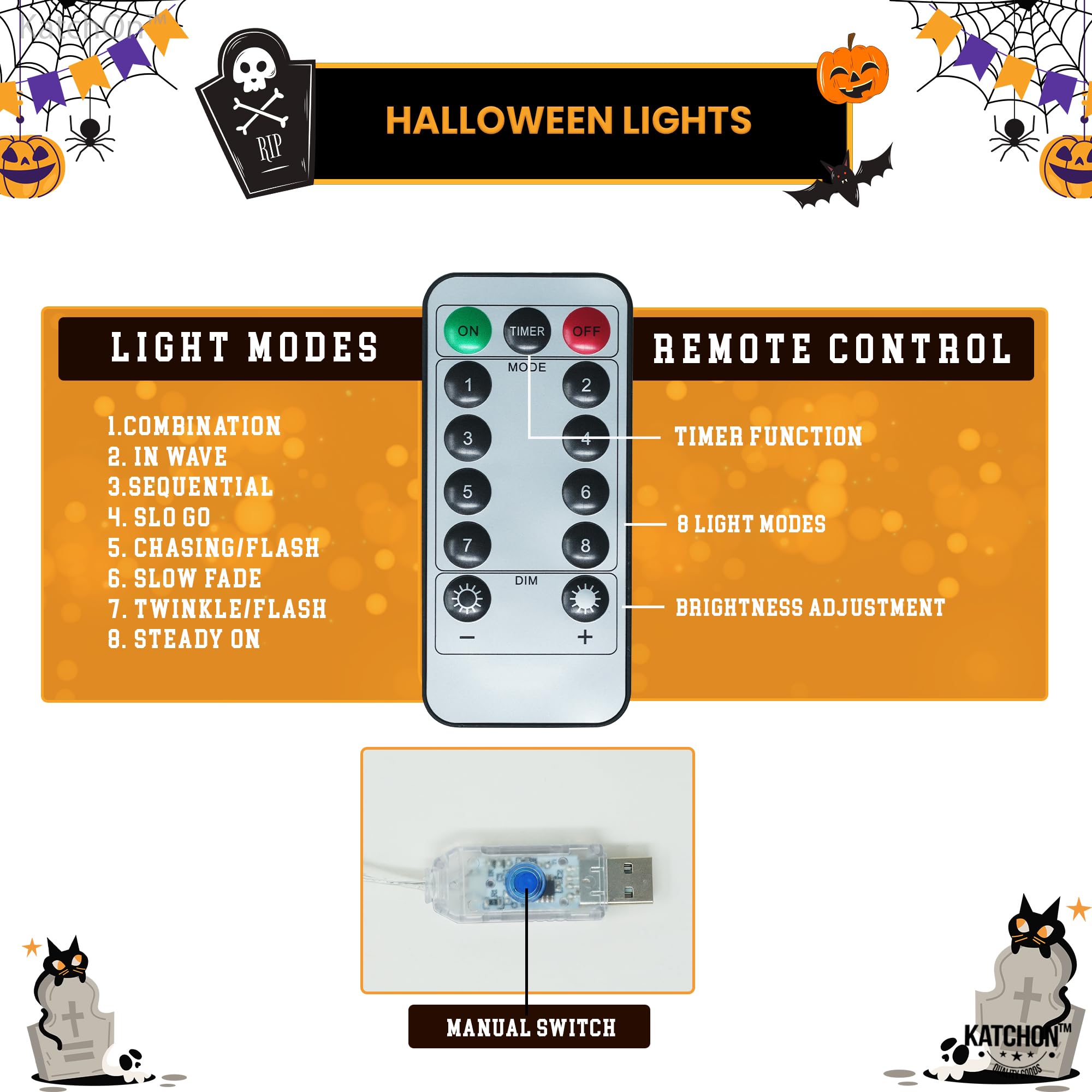 KatchOn Halloween String Lights - 30 LED, 20 Feet, Bat and Ghost, Plastic Decor for Outdoor Yard and Golf Cart