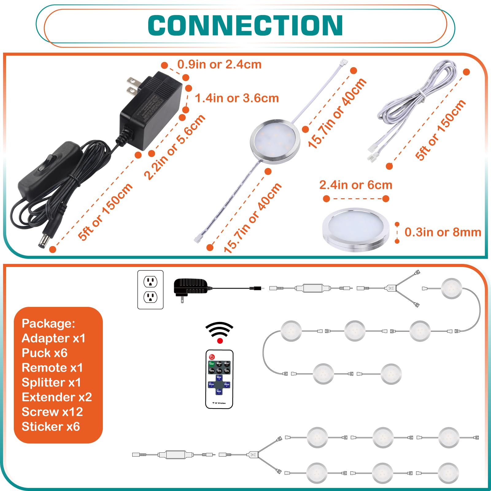 Lvyinyin LED Puck Lights Kit, Dimmable, 110V, Wireless Remote, Warm White 2700K, 6 Lights, Aluminum, Model 619960265604