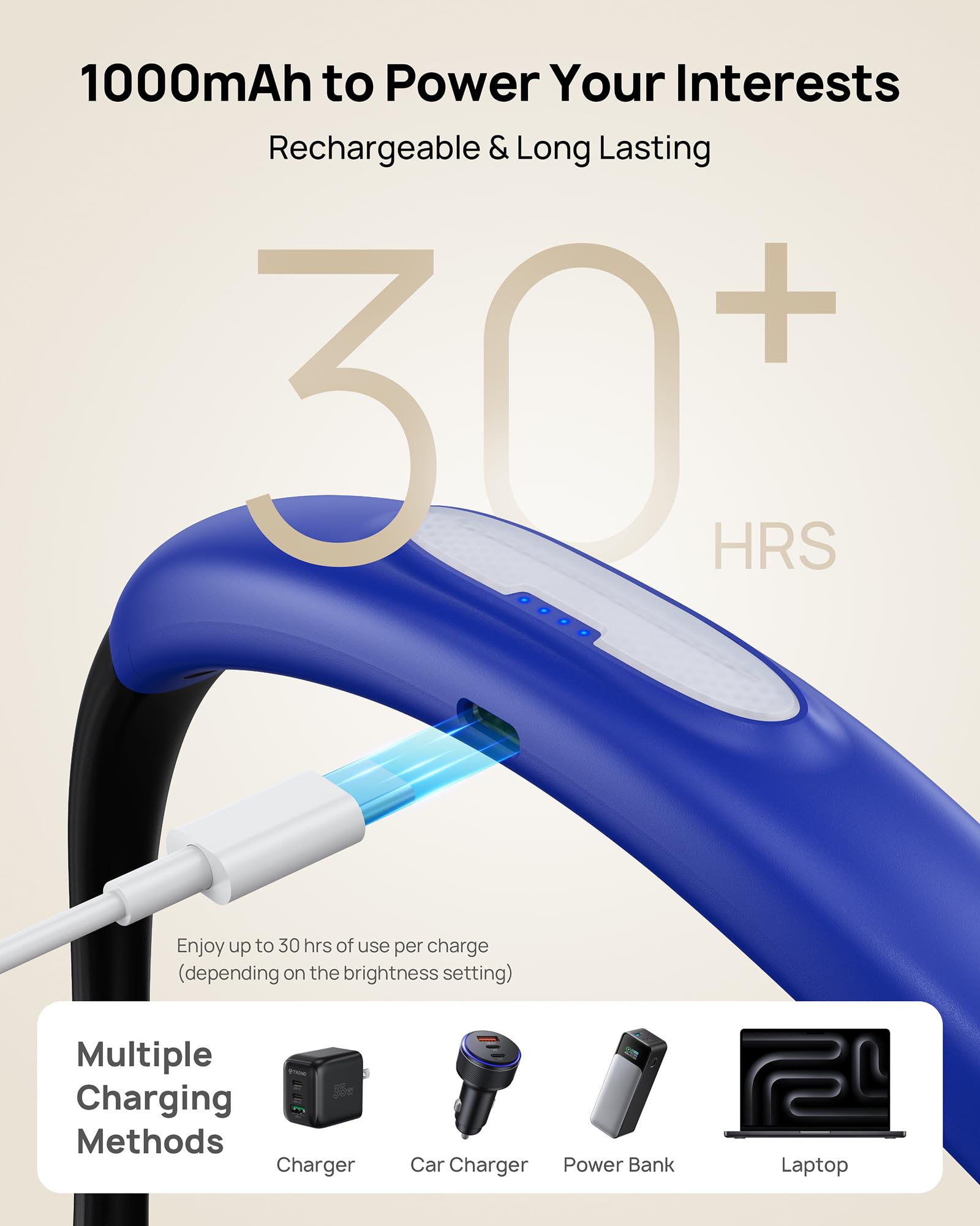 TROND LED Neck Reading Light, 3 Color Modes, 3 Brightness Levels, Rechargeable, Flexible Arm, Medium, Sapphire Blue, Model TD-RL01