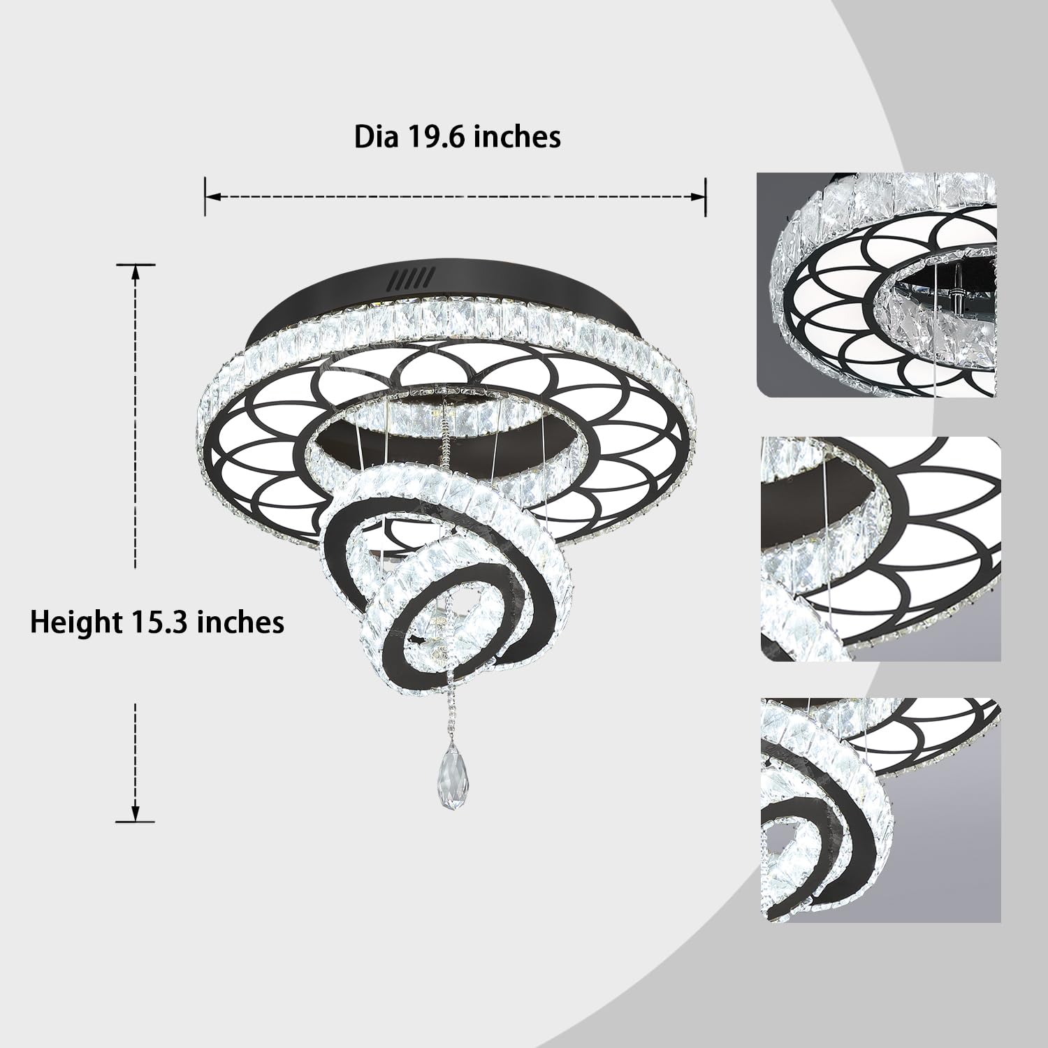 Flashing God 20" Black Crystal Chandelier LED Flush Mount Light - Dimmable 2700k/4500k/6000k for Living Room & Bedrooms, Model MMQ0268