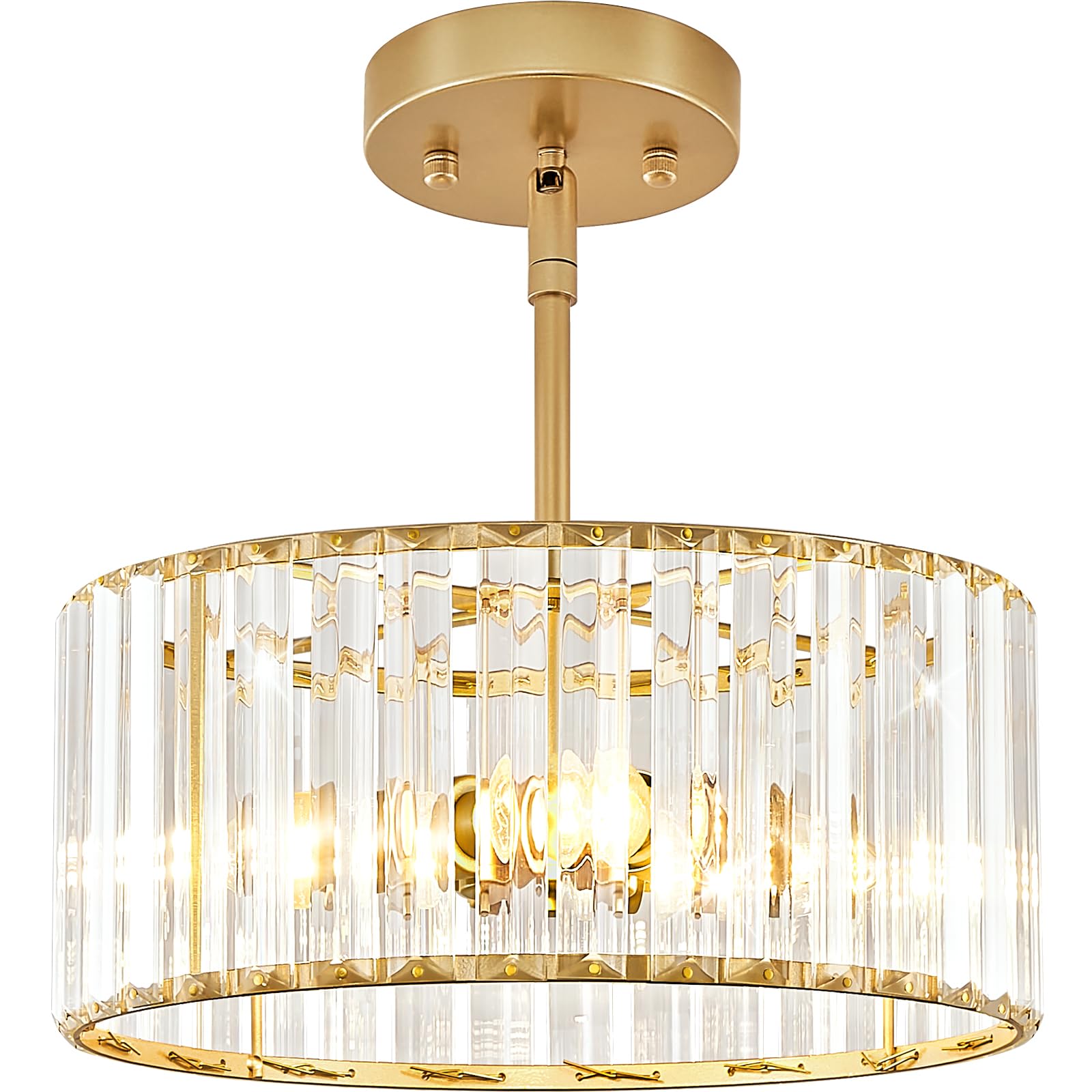 YURNYQ Gold Crystal Chandelier, 3-Light Semi Flush Mount Chandelier Lighting Fixtures, Small Modern Round Kitchen Hanging Drum P