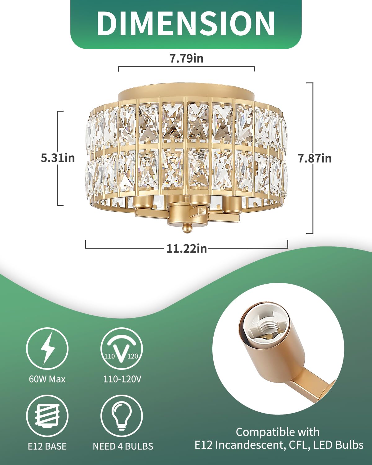 Jwluyn Gold Crystal Flush Mount Ceiling Light, 11.22'' Modern Gold Light Fixture For Bathroom Hallway Dining Room Bedroom Entryw