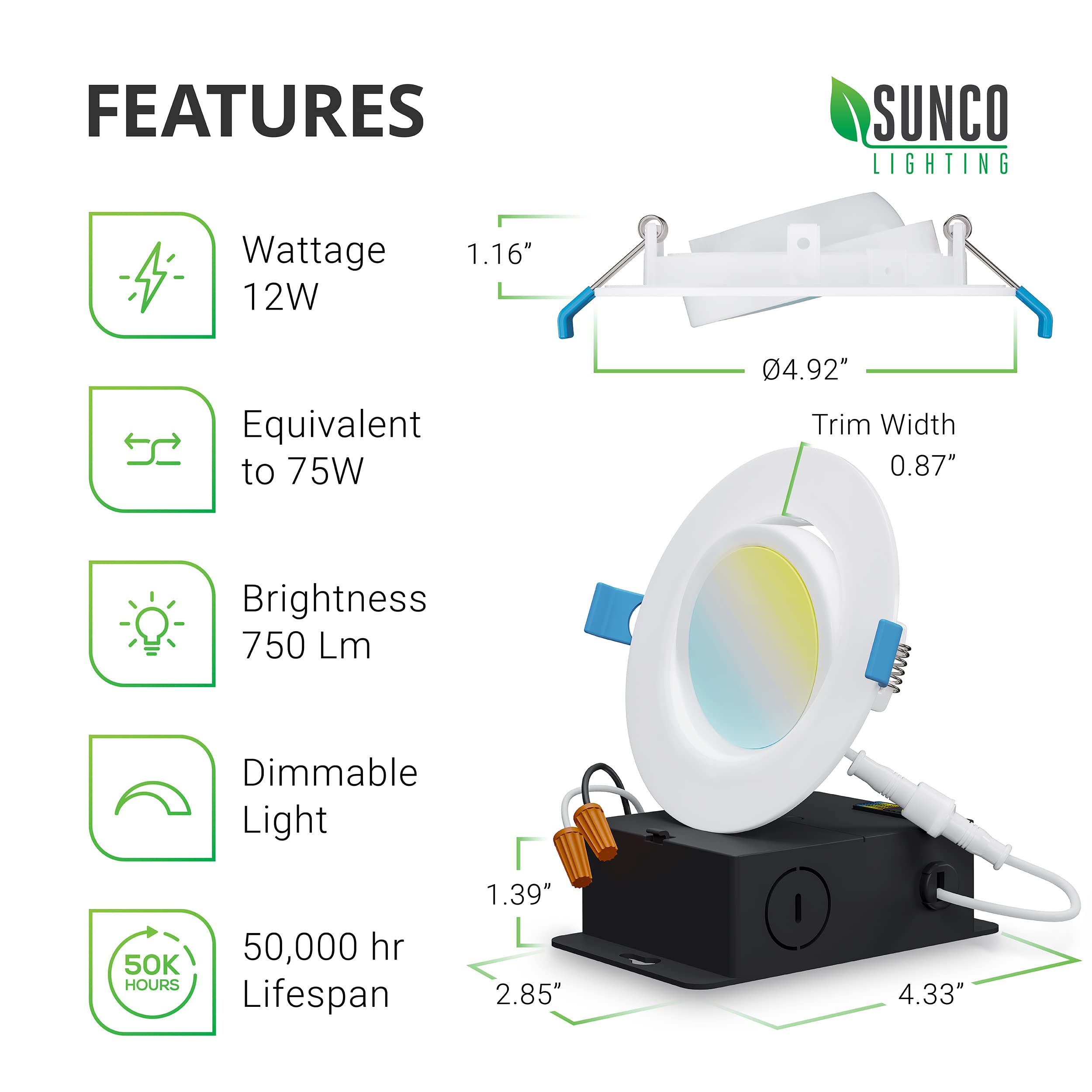 Sunco Lighting 6 Pack Recessed Led Lights Canless 4 Inch Eyeball Gimbal 12W, Selectable 2700K/3000K/3500K/4000K/5000K, Angled Di