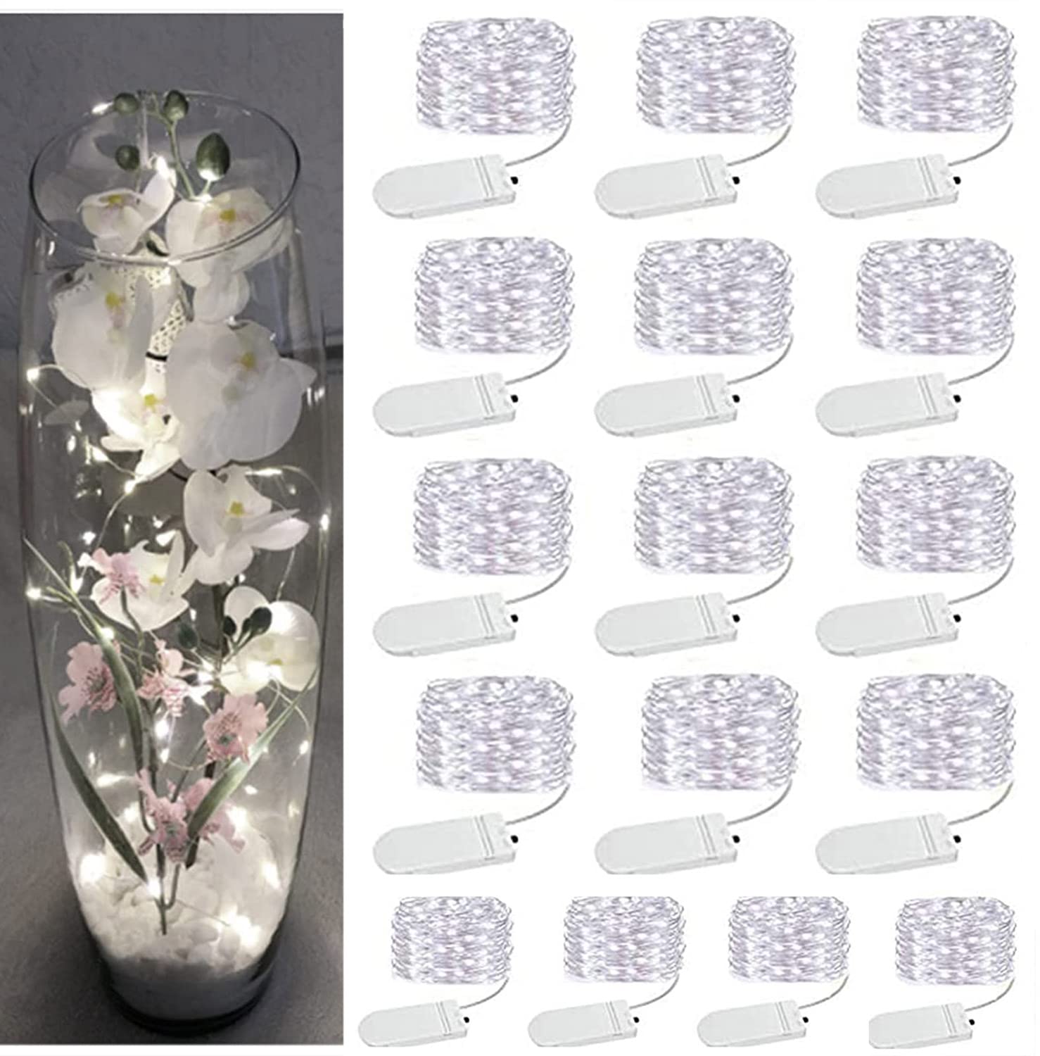 SOCO 16 Pack Fairy Lights, Battery Operated, 10ft Silver Wire, 30 LED Cool White Waterproof Mini String Lights for Decorations