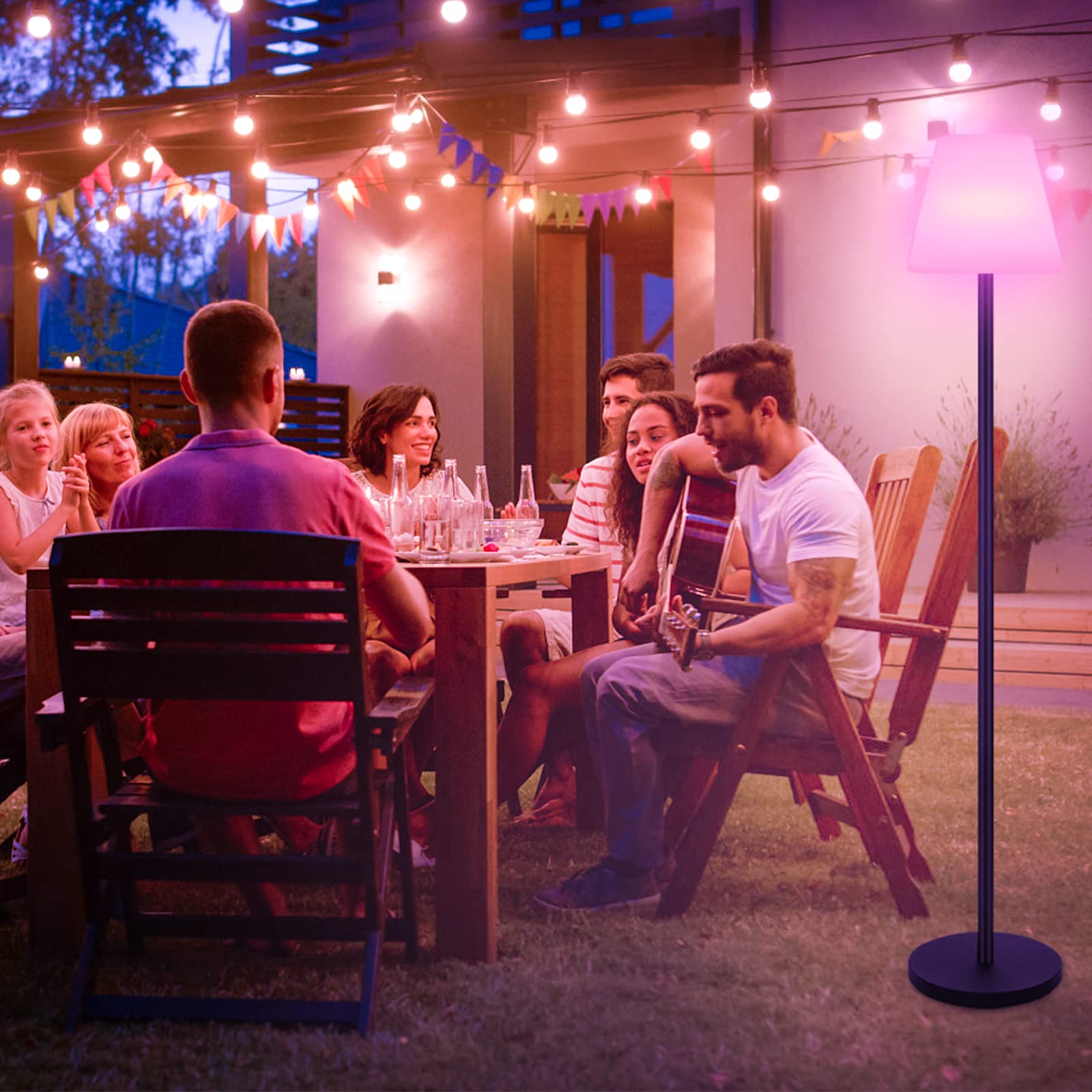 Gewiny Solar Powered Outdoor Floor Lamp, Waterproof, Dimmable Warm White+RGB, Metal, White, Model XCY-SFLP-002