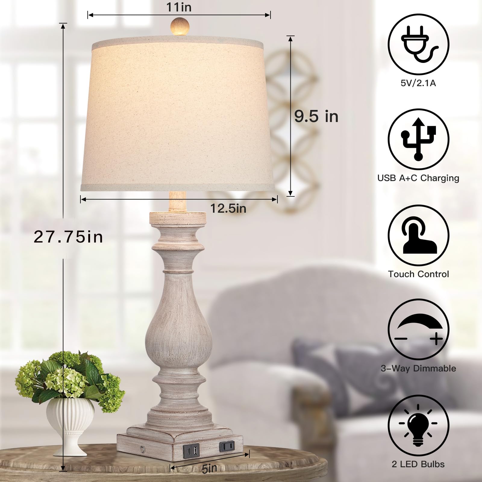 Cinkeda 29" Vintage Table Lamp Set of 2, Gray Resin with USB Ports & AC Outlet, 3-Way Dimmable Touch Control, Model TD-CK-207