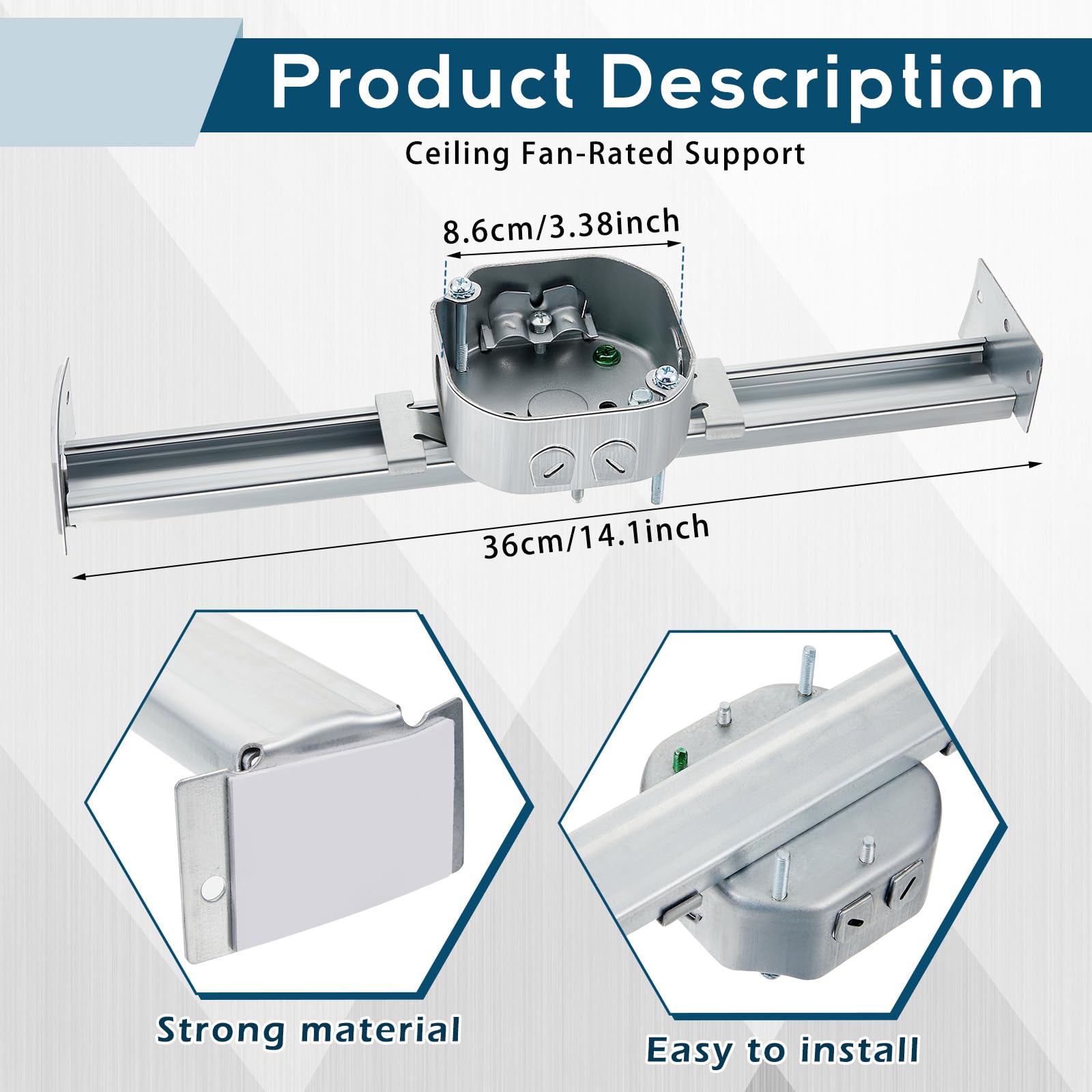 Therwen Adjustable Ceiling Fan Electrical Box Brace, 14.2" Length, for Fans & Light Fixtures, Model GFA-Therwen-2308
