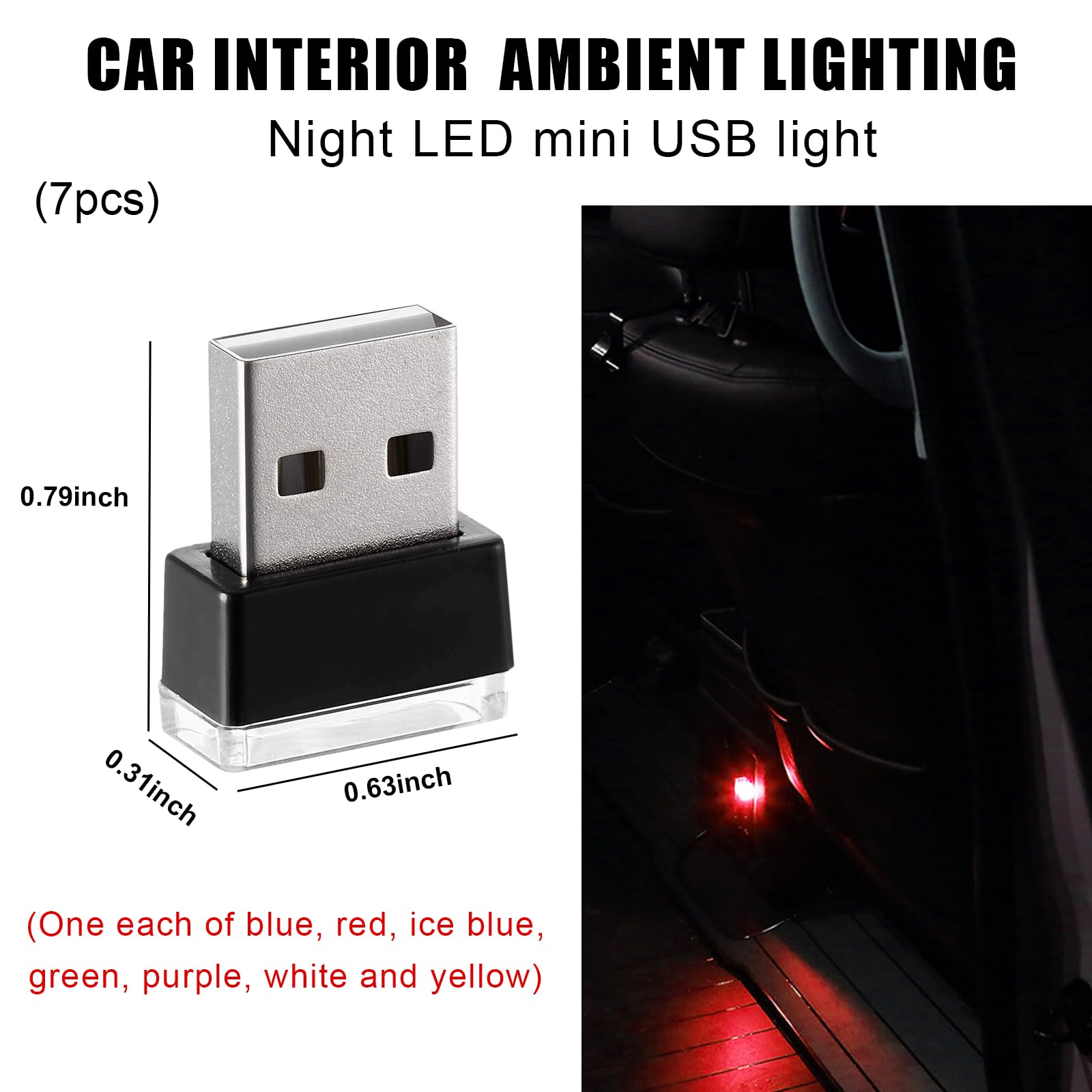 Sylvil USB LED Car Interior Atmosphere Lamp - 7 PCS Multicolor Portable Night Light Kit for Trunk Ambient Lighting