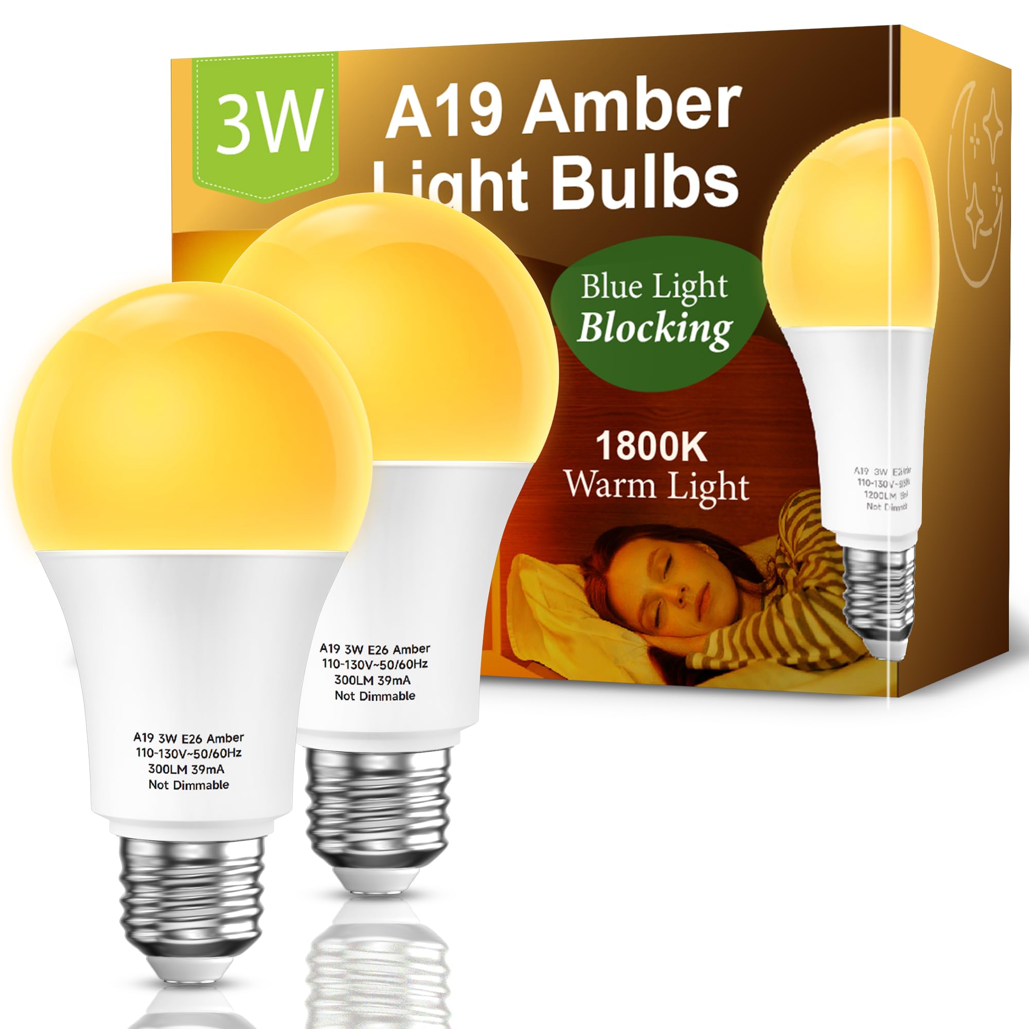 Eastiya Amber Sleep Light Bulbs: 3W Amber Warm Light Bulb 1800K, Blue Light Blocking Dim Light Bulbs 40W Equivalent, E26 Bulbs F
