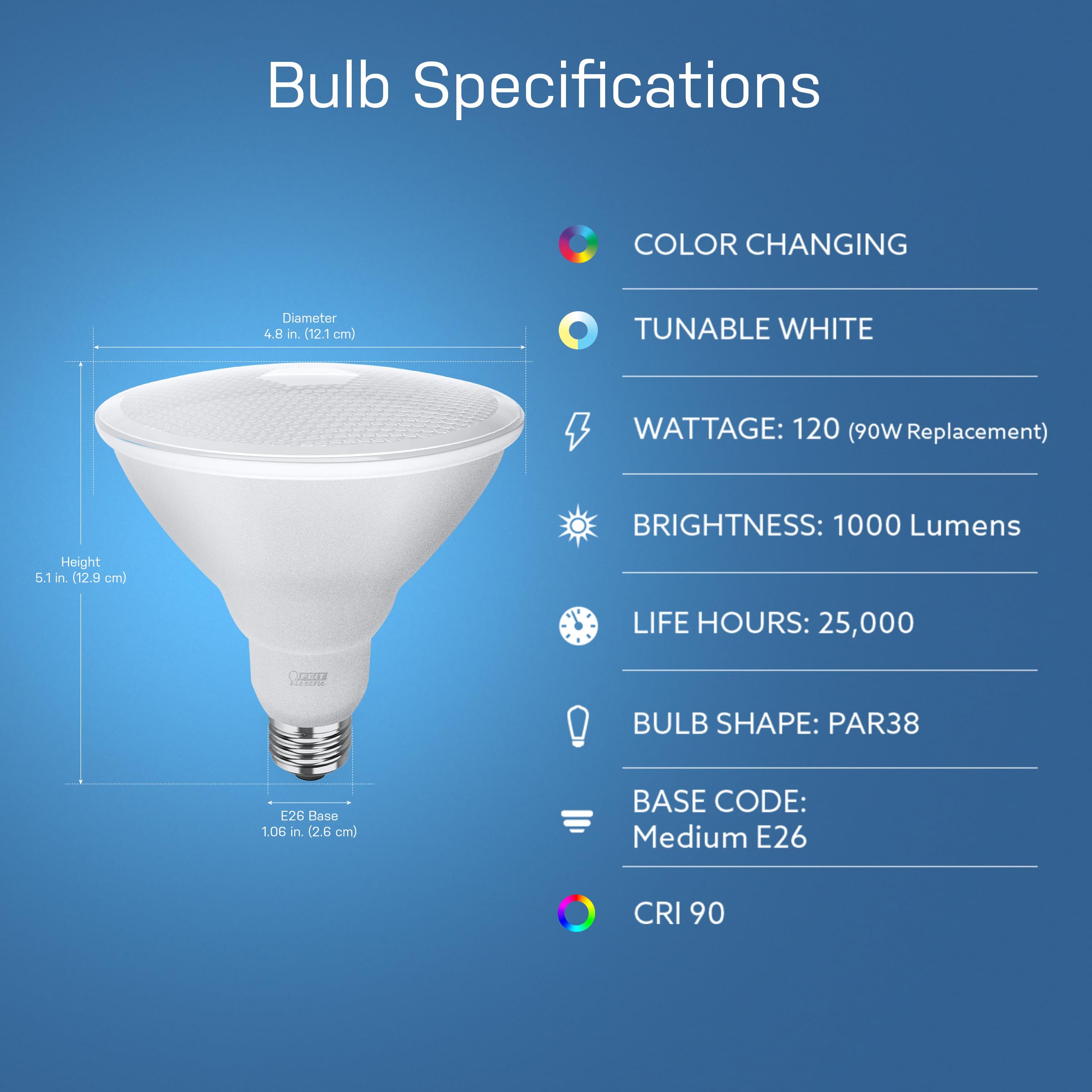 Feit Electric Par38/Rgbw/Ca/Ag 90 Watt Equivalent Wifi Color Changing And Tunable White, Dimmable, No Hub Required, Alexa Or Google Assistant Par38 Led Smart Light Bulb, Rgbw Multicolor, 5.1&quot;H X 4.7&quot;D