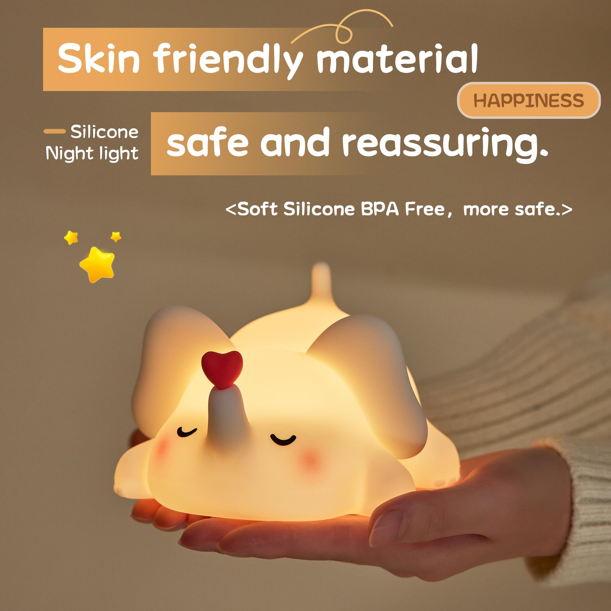 Icotoibabie LED Night Light - Cute Love Elephant, Dimmable, Rechargeable, Small, Silicone, Warm Brightness, Model A033, White Color