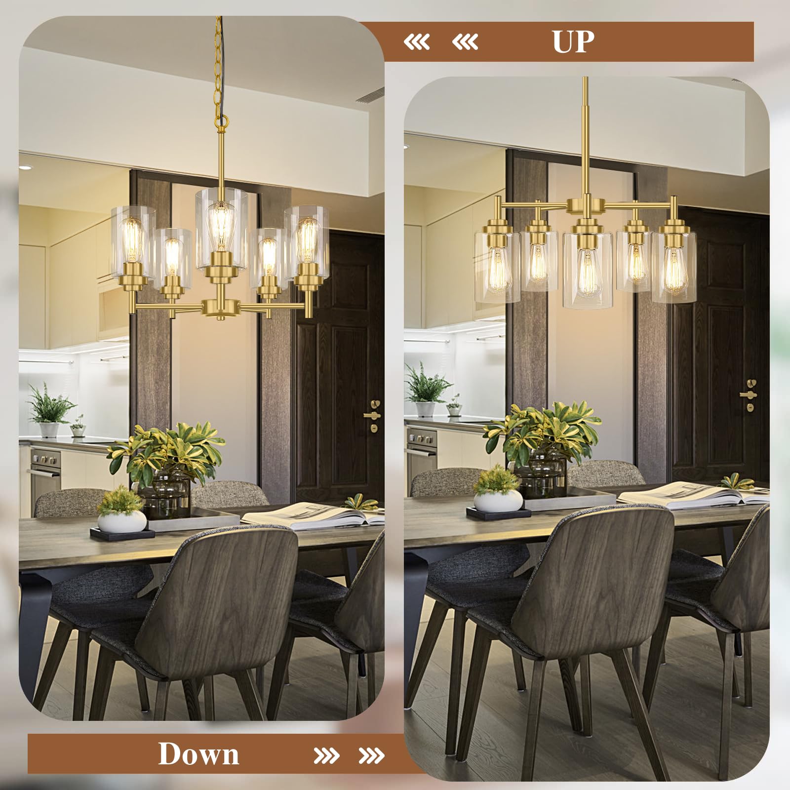 5-Light Chandelier For Dining Room Kitchen Island Modern Farmhouse Pendant Lighting With Clear Glass Shades Industrial Gold Hang