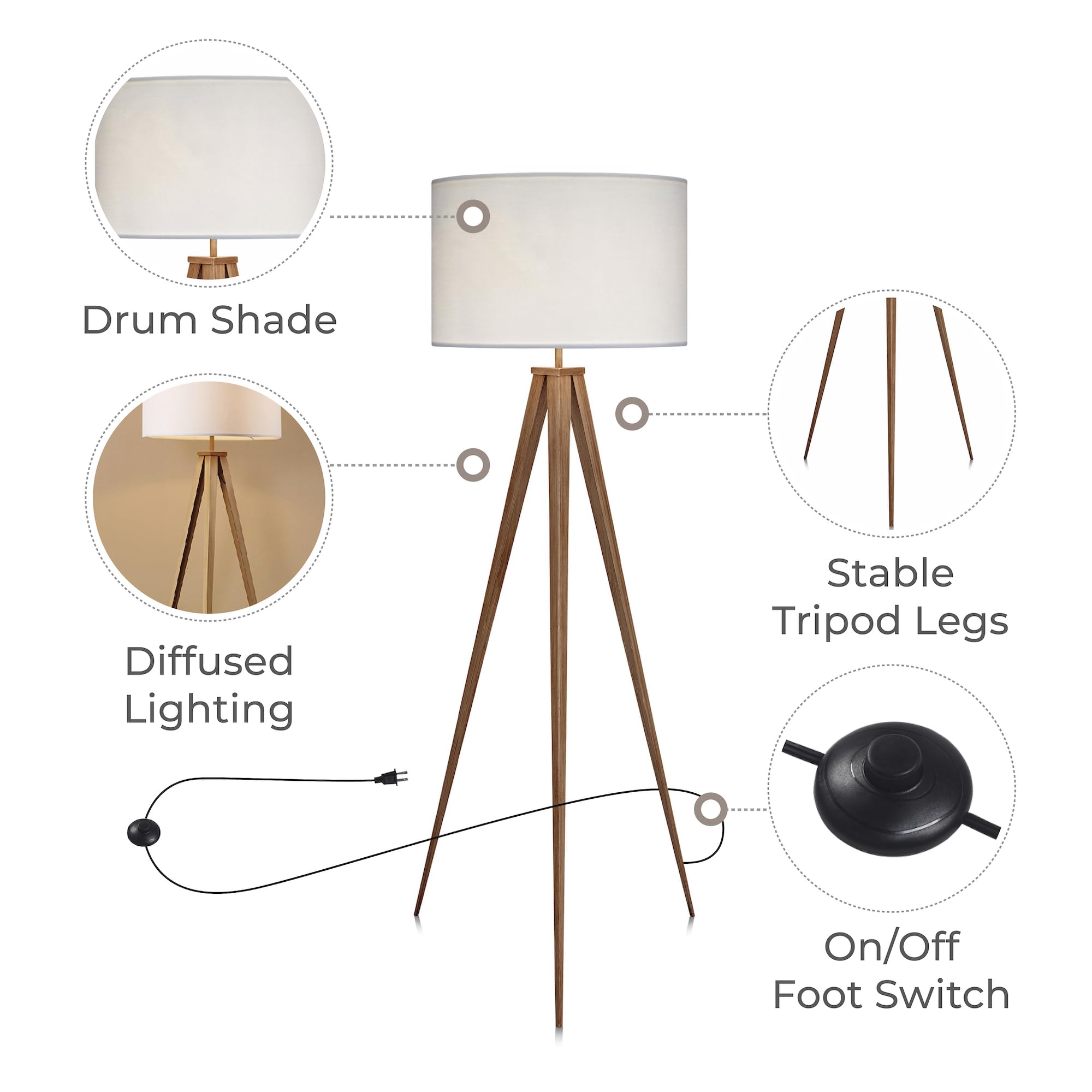 Teamson Home Tripod Floor Lamp, 61.81 in., White Drum Shade, Faux Natural Wood Grain Finish, Model VN-L00007