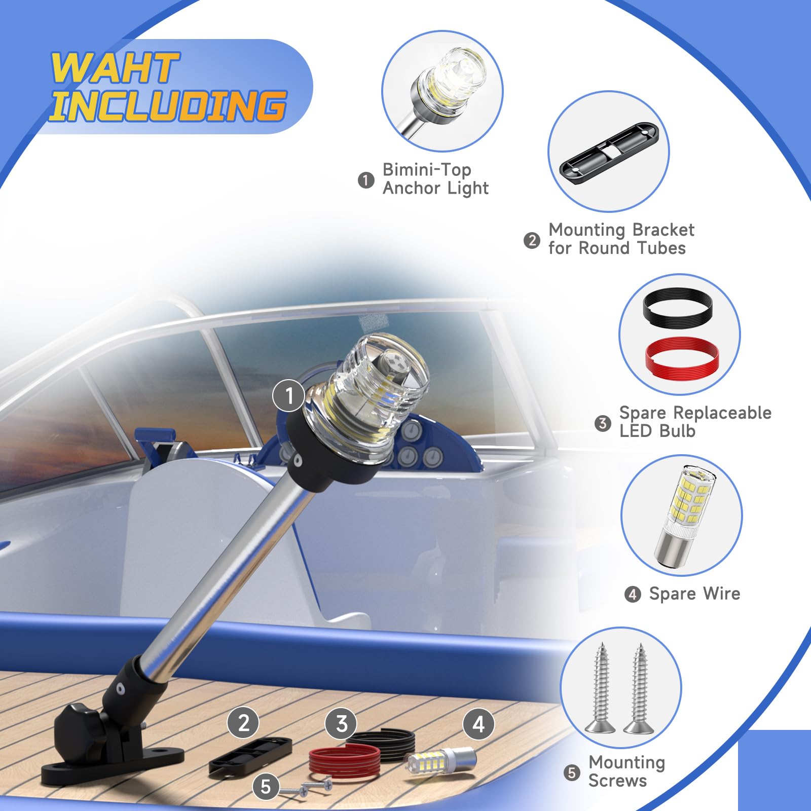 AMBIPASION Bimini Light for Pontoon Boat, 18" Waterproof LED Navigation & Anchor Light, Model APBAL002, White Fold Down Design