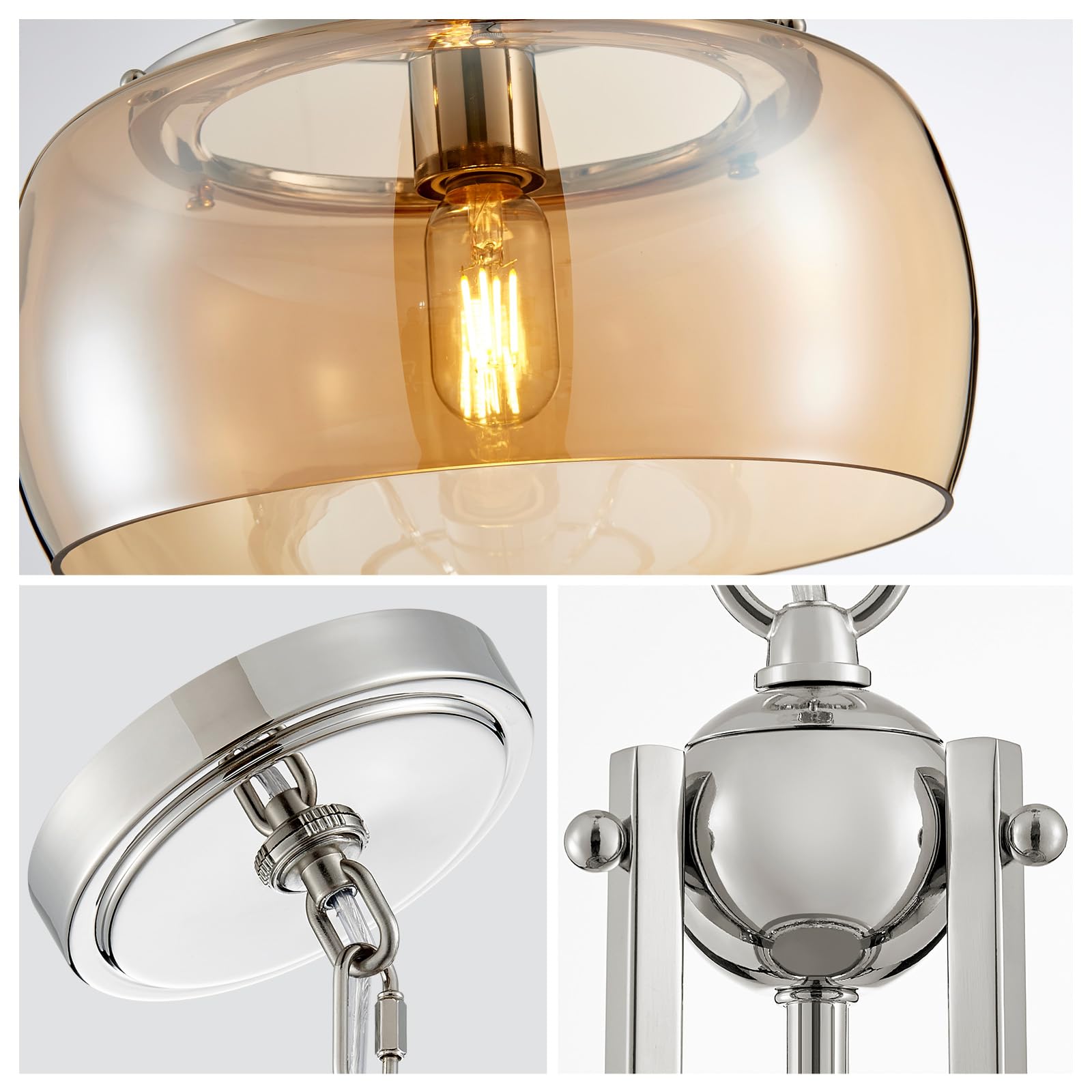 WUZUPS Nickel Chandelier Pendant Light, Amber Glass Shade, H 17" W 13.4", Industrial Rustic Design for Dining Room, Model USHD9607AR