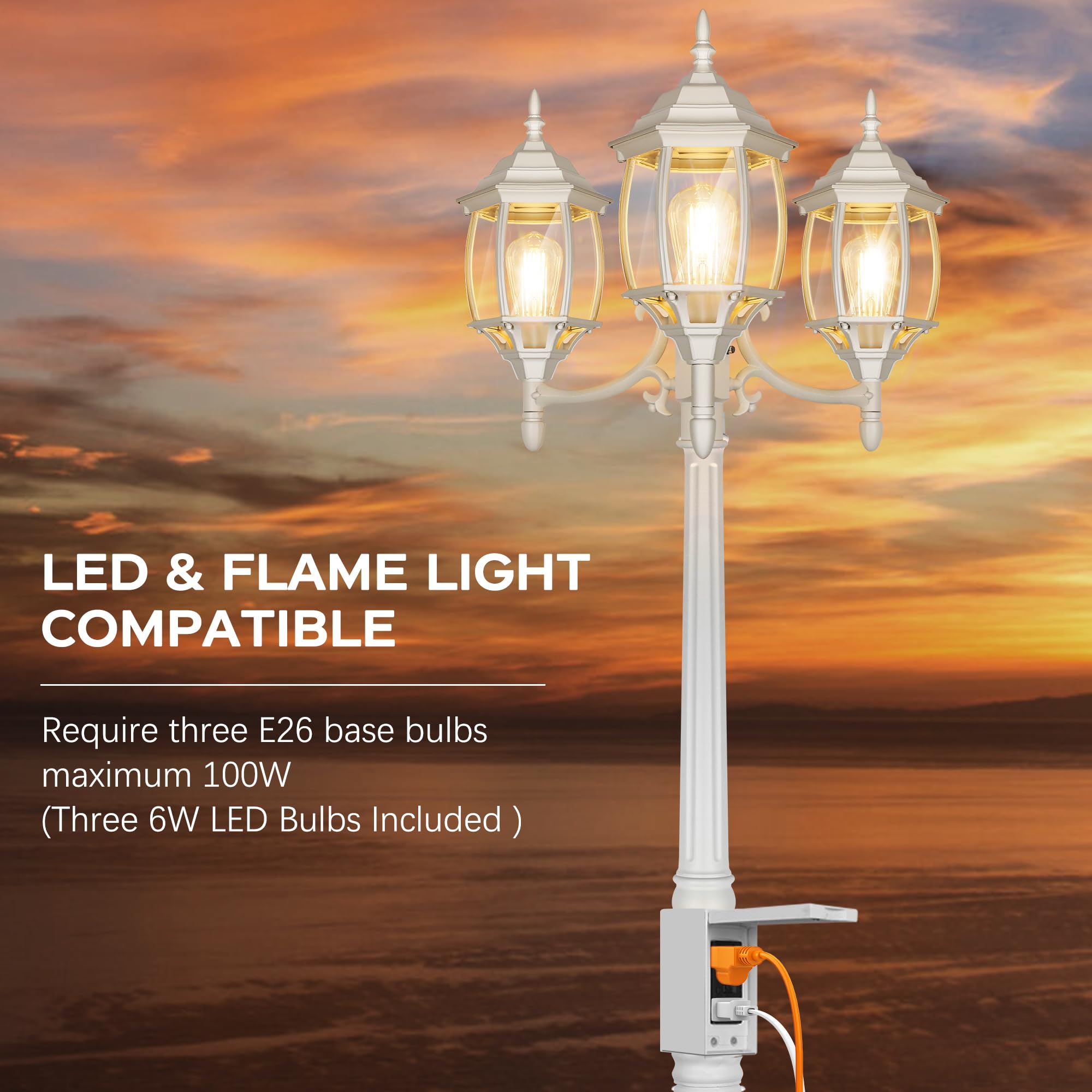 Partphoner Dusk To Dawn Outdoor Lamp Post Light, 3-Head Waterproof Aluminum With Gfci Outlet, White