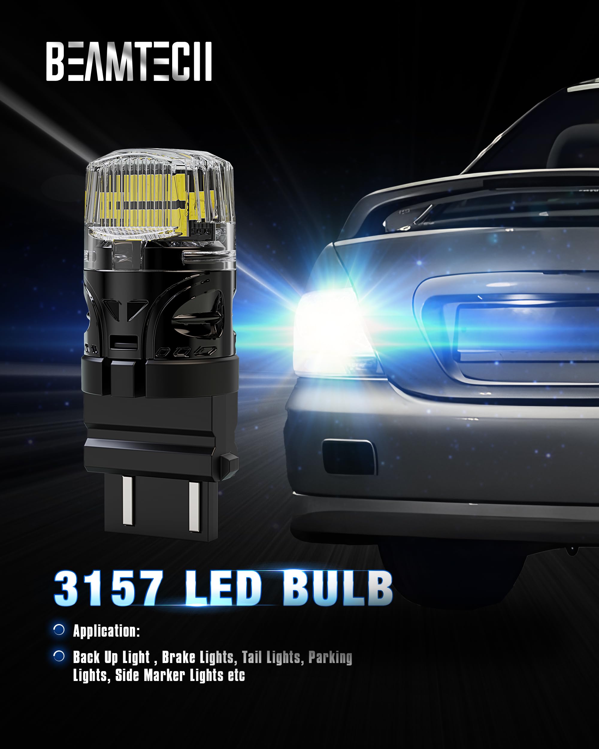 BEAMTECH 3157 LED Bulbs - 6500K White, Super Bright Reverse Lights for Tail, Brake, and Back Up, Pack of 2
